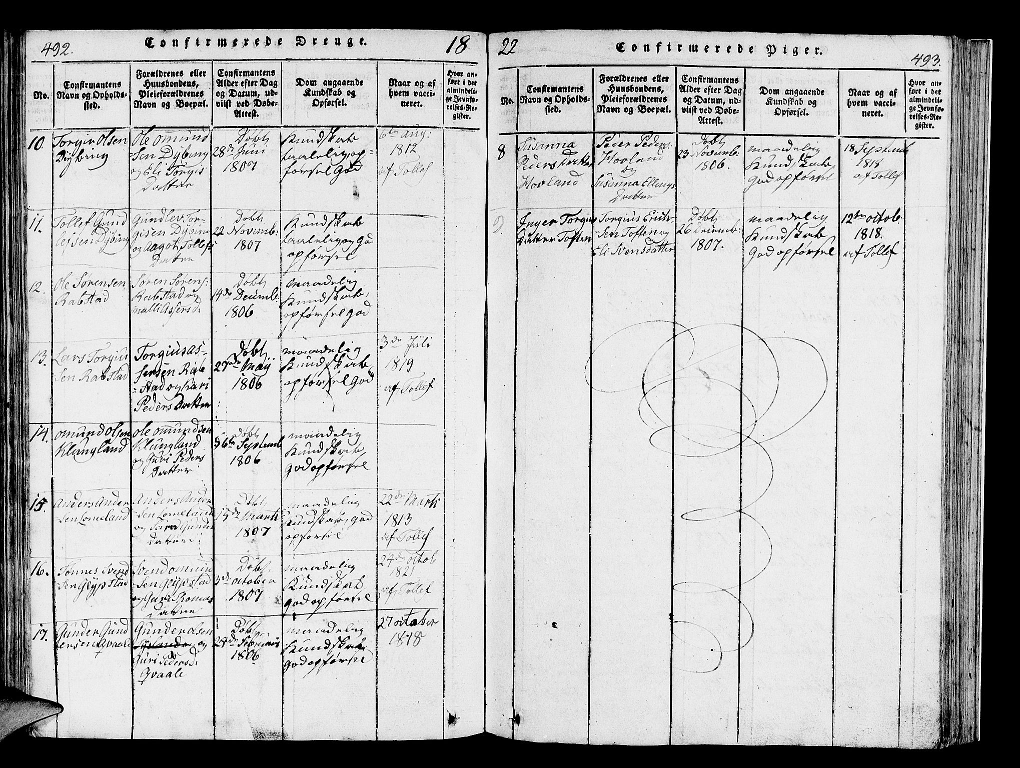 Helleland sokneprestkontor, AV/SAST-A-101810: Parish register (official) no. A 4, 1815-1834, p. 492-493