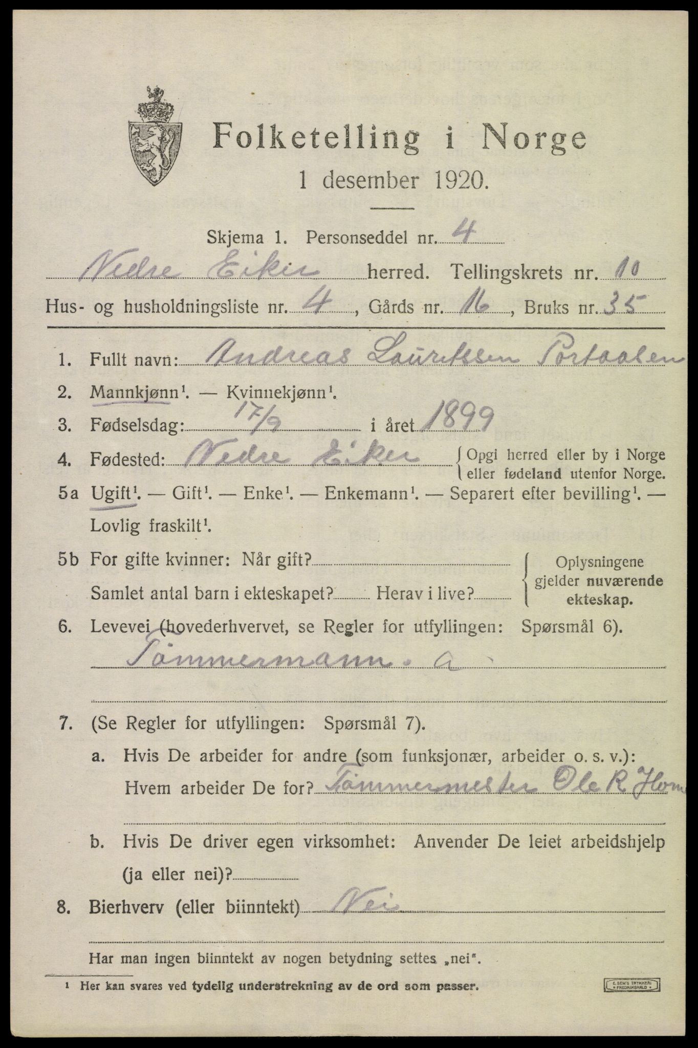 SAKO, 1920 census for Nedre Eiker, 1920, p. 9931