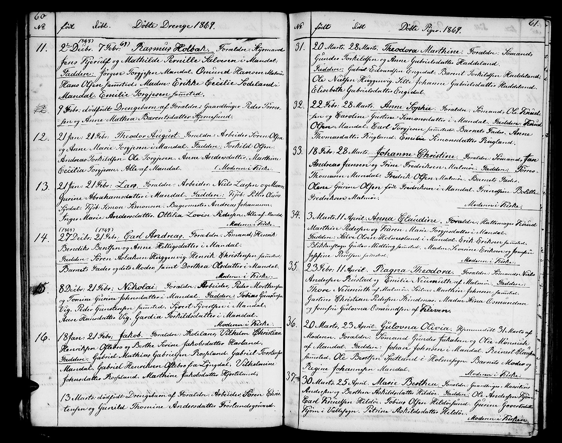 Mandal sokneprestkontor, SAK/1111-0030/F/Fb/Fba/L0009: Parish register (copy) no. B 3, 1867-1877, p. 60-61