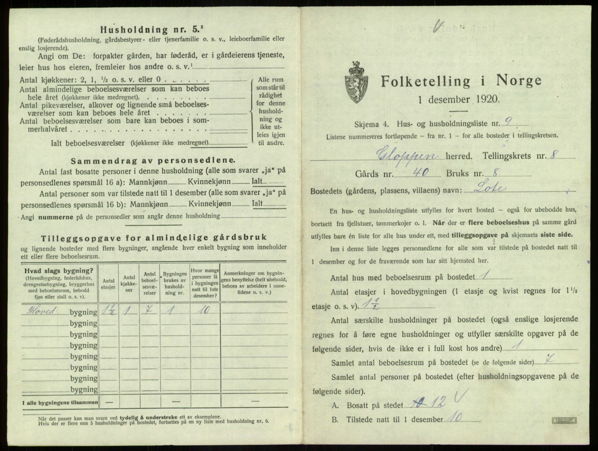 SAB, 1920 census for Gloppen, 1920, p. 586