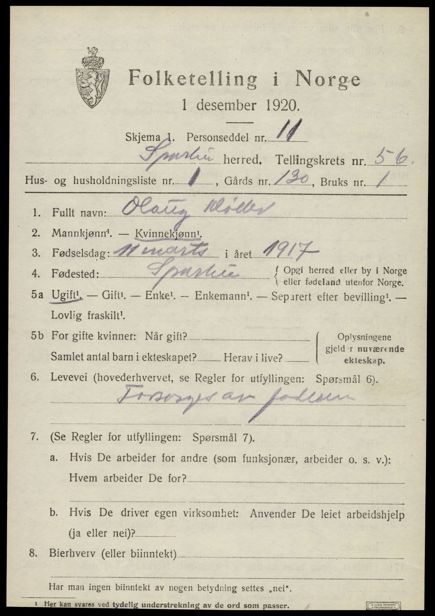 SAT, 1920 census for Sparbu, 1920, p. 6837