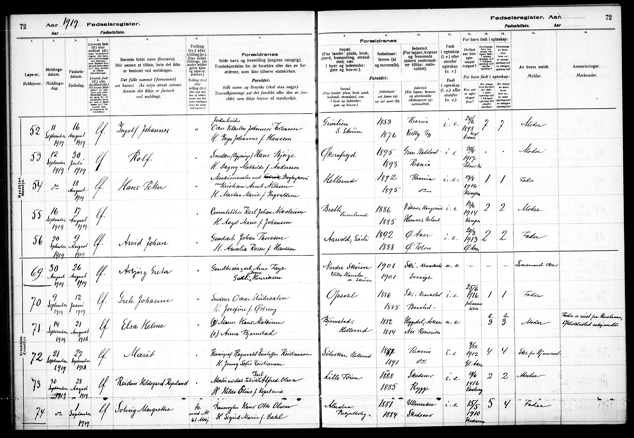 Østre Aker prestekontor Kirkebøker, AV/SAO-A-10840/J/Ja/L0001: Birth register no. I 1, 1916-1923, p. 72