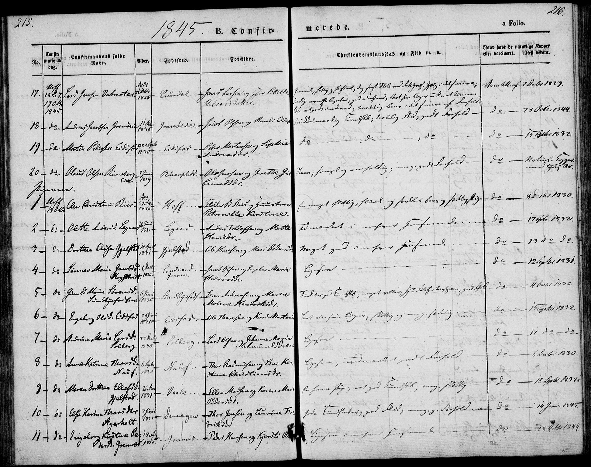 Hof kirkebøker, AV/SAKO-A-64/F/Fa/L0005: Parish register (official) no. I 5, 1844-1851, p. 215-216