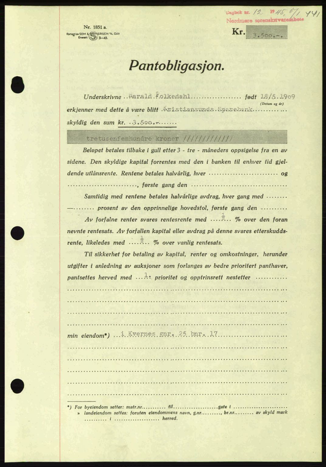 Nordmøre sorenskriveri, AV/SAT-A-4132/1/2/2Ca: Mortgage book no. B92, 1944-1945, Diary no: : 12/1945