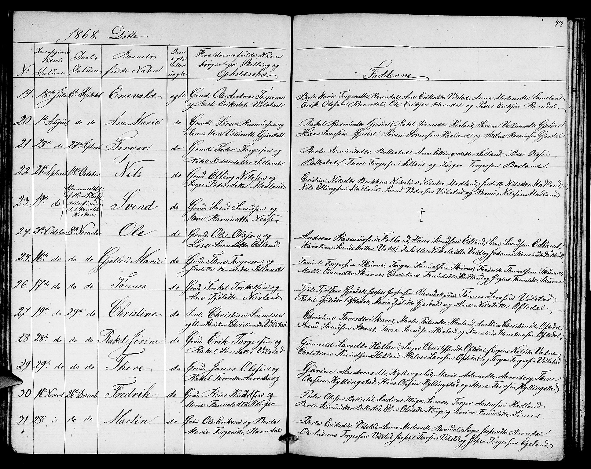 Lye sokneprestkontor, AV/SAST-A-101794/001/30BB/L0003: Parish register (copy) no. B 3, 1852-1874, p. 43