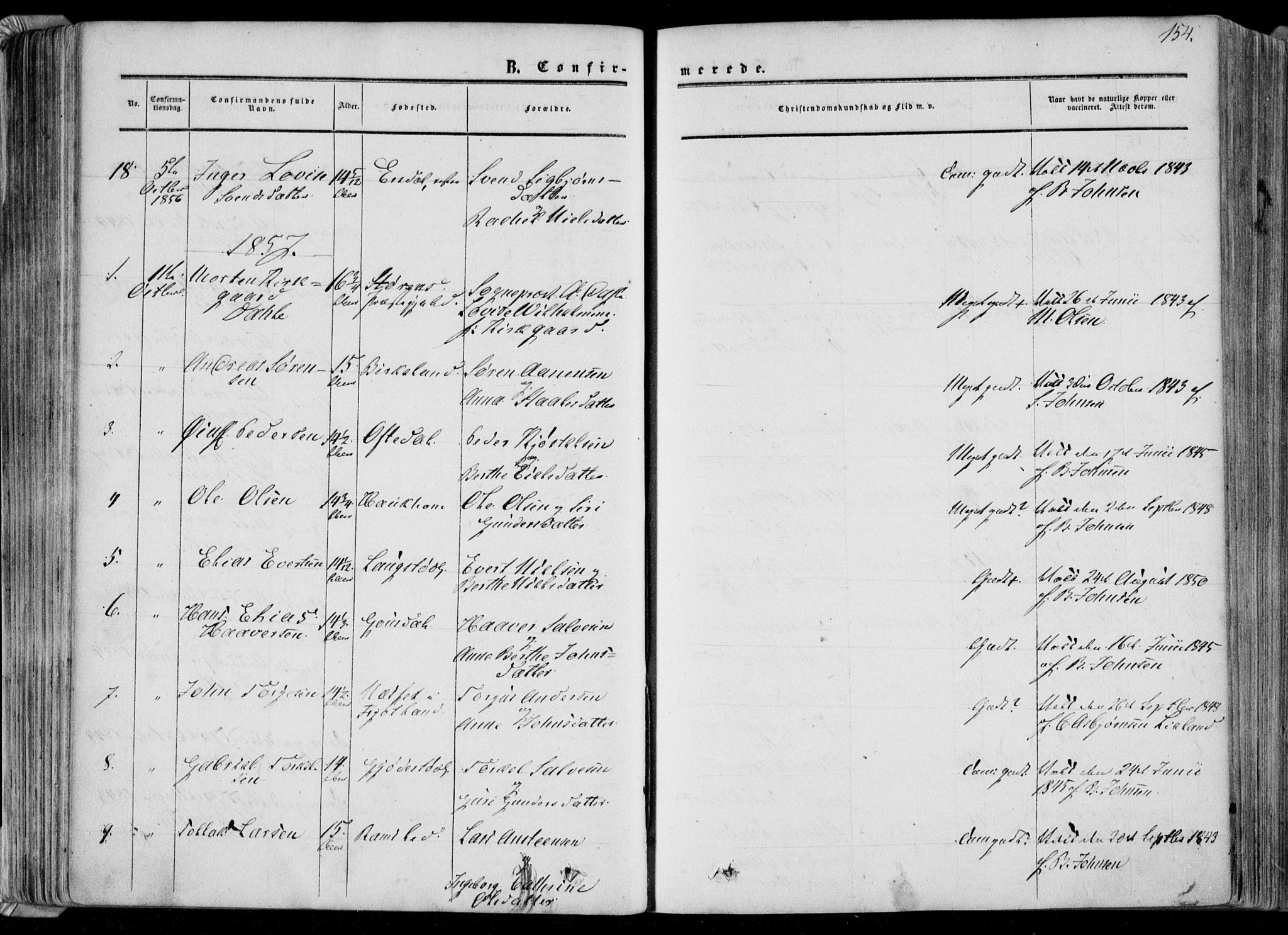 Bakke sokneprestkontor, SAK/1111-0002/F/Fa/Faa/L0006: Parish register (official) no. A 6, 1855-1877, p. 154