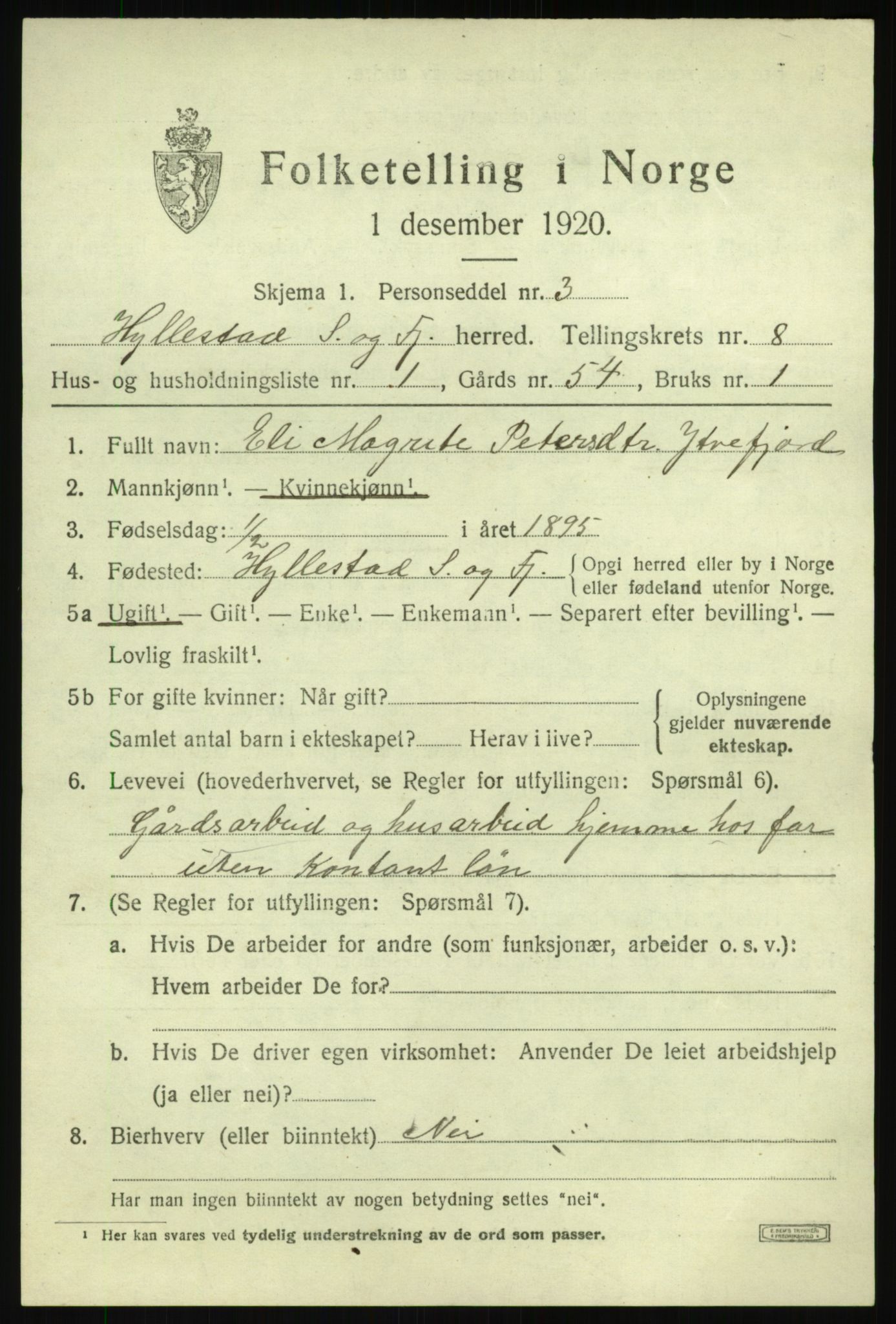 SAB, 1920 census for Hyllestad, 1920, p. 3232