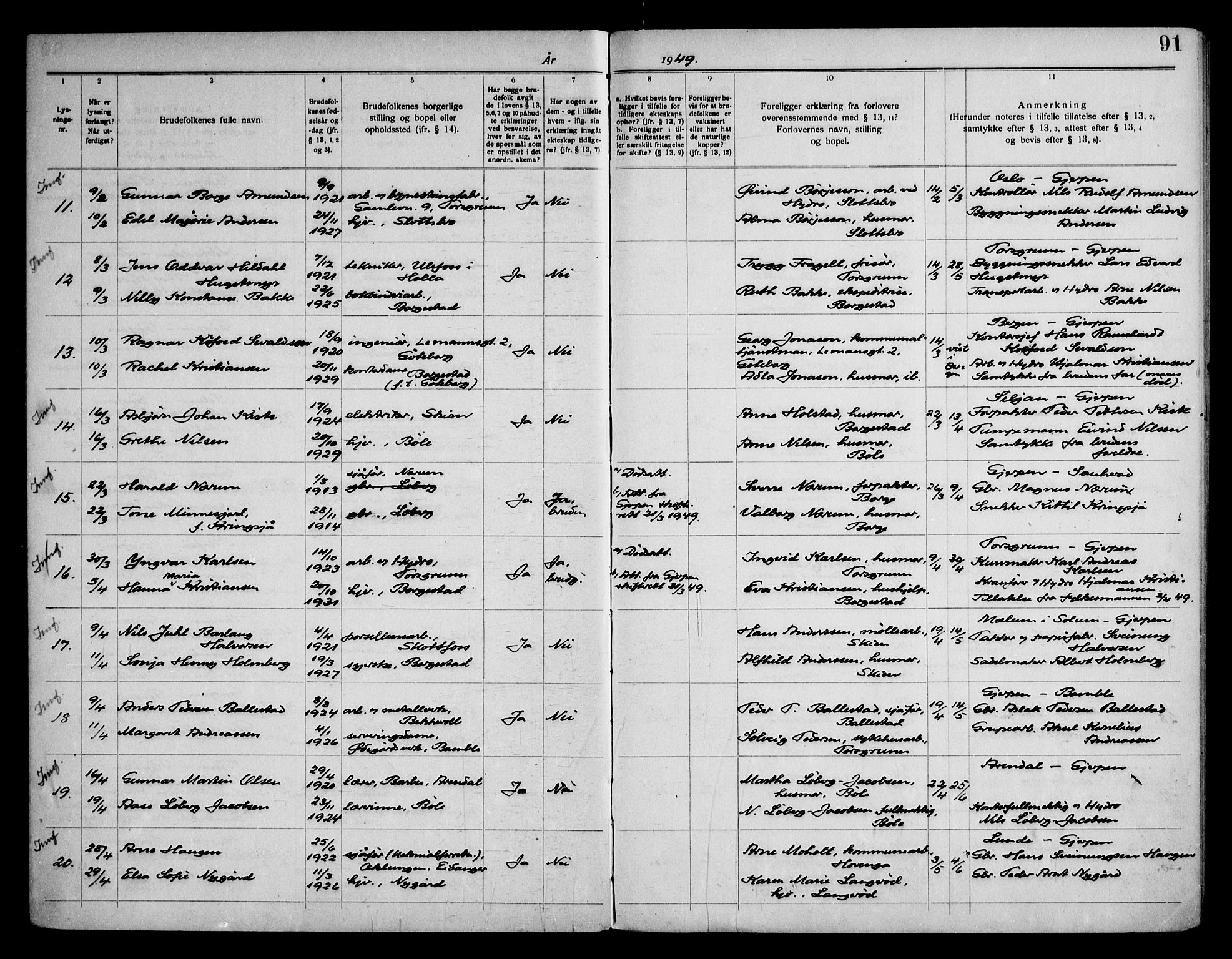 Gjerpen kirkebøker, SAKO/A-265/H/Hb/L0001: Banns register no. II 1, 1920-1950, p. 91