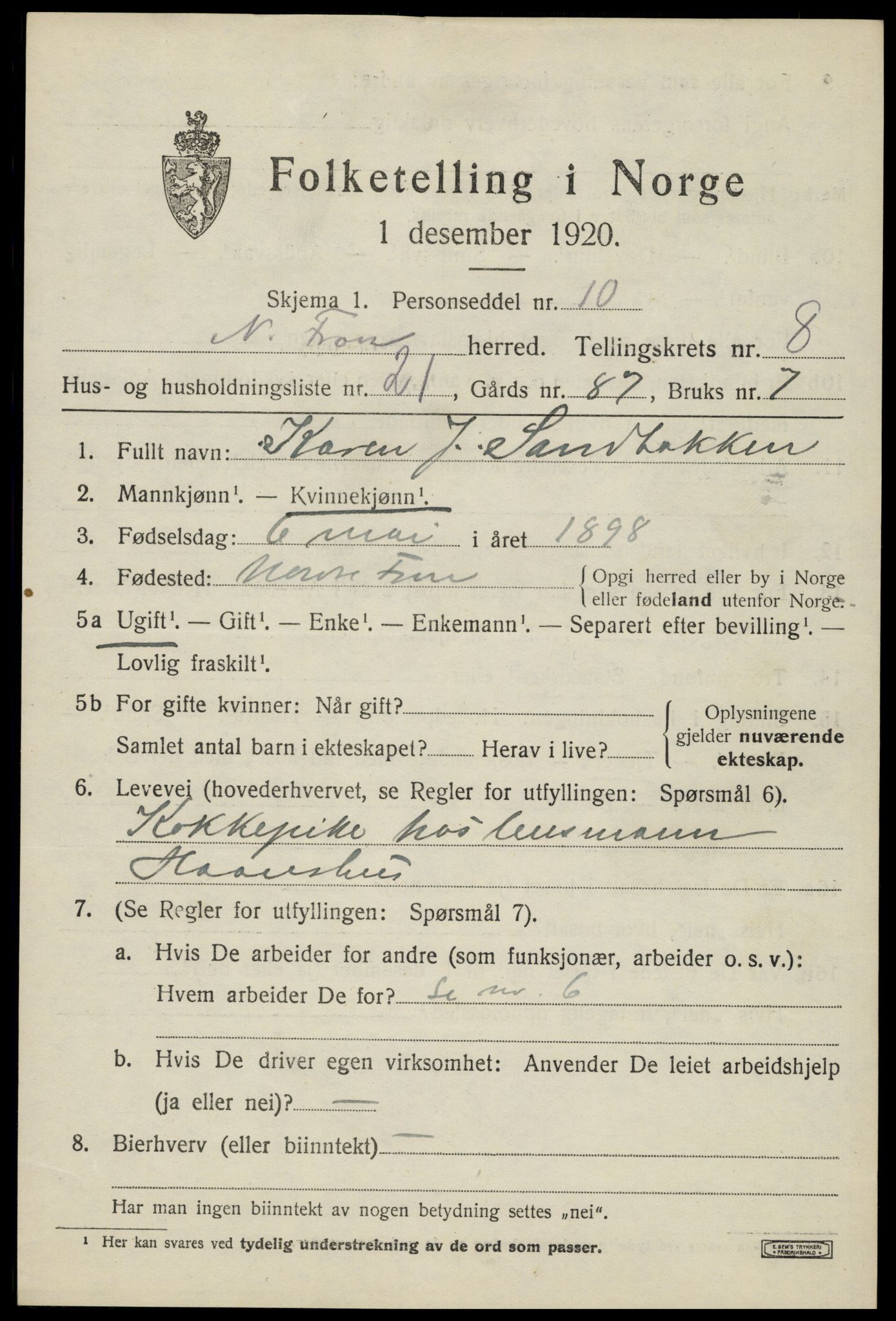 SAH, 1920 census for Nord-Fron, 1920, p. 7018