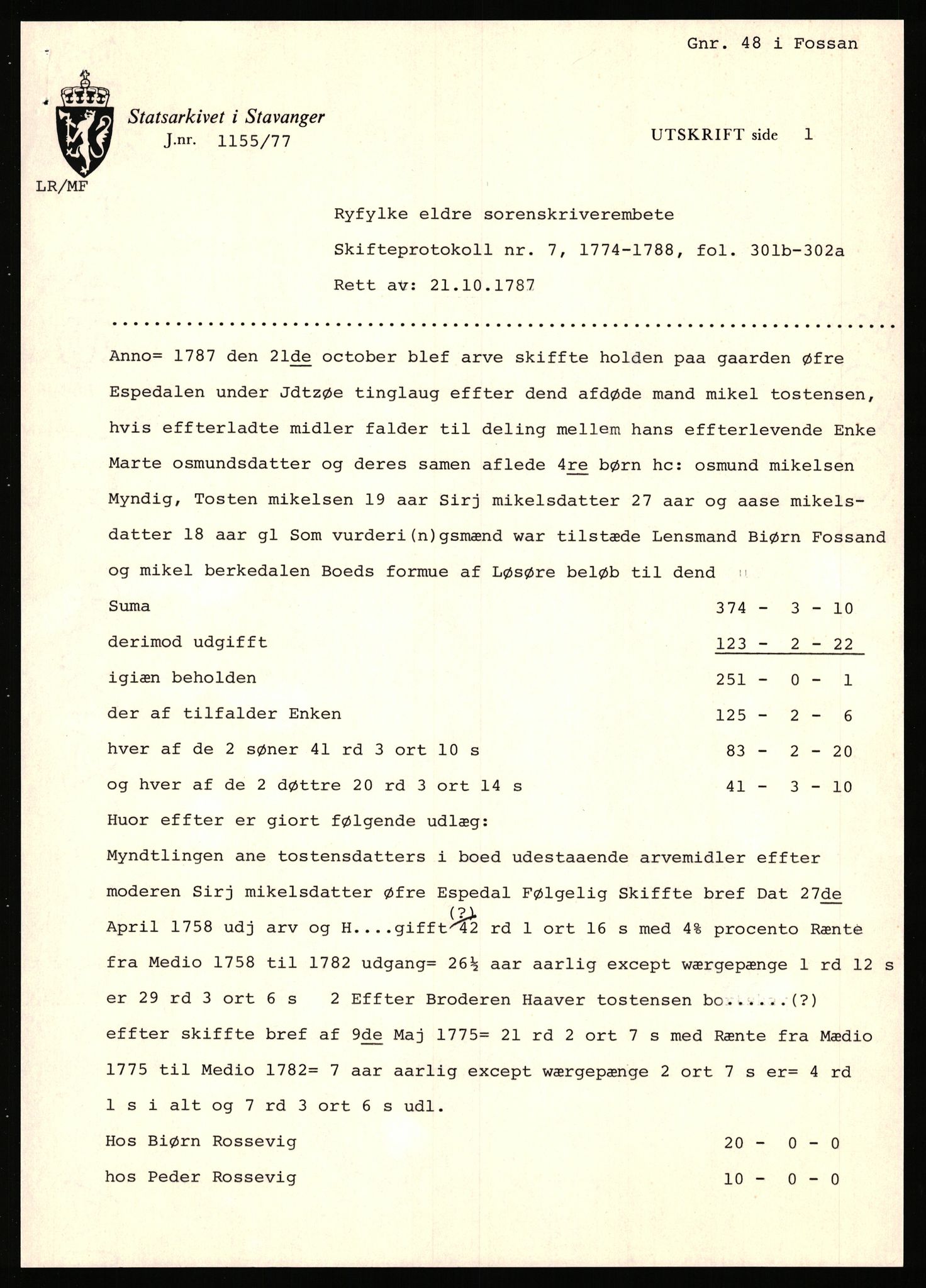 Statsarkivet i Stavanger, SAST/A-101971/03/Y/Yj/L0018: Avskrifter sortert etter gårdsnavn: Engelsvold - Espevold nedre, 1750-1930, p. 351