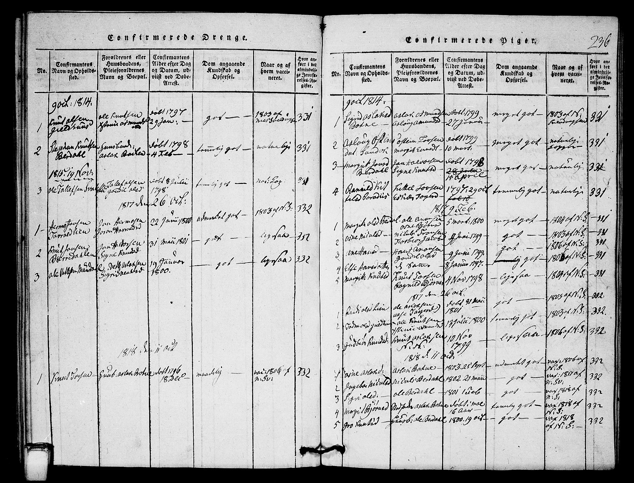 Vinje kirkebøker, SAKO/A-312/G/Gb/L0001: Parish register (copy) no. II 1, 1814-1843, p. 236
