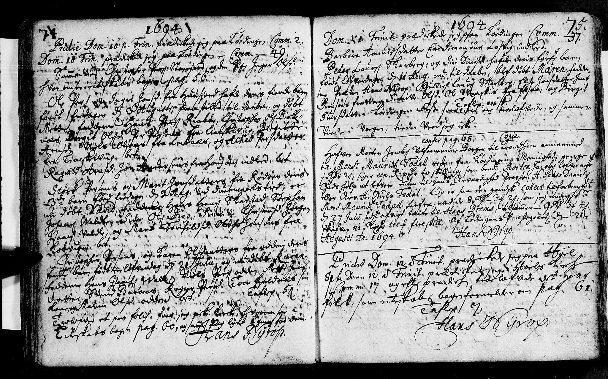Ministerialprotokoller, klokkerbøker og fødselsregistre - Nordland, SAT/A-1459/872/L1026: Parish register (official) no. 872A01, 1691-1697, p. 74-75