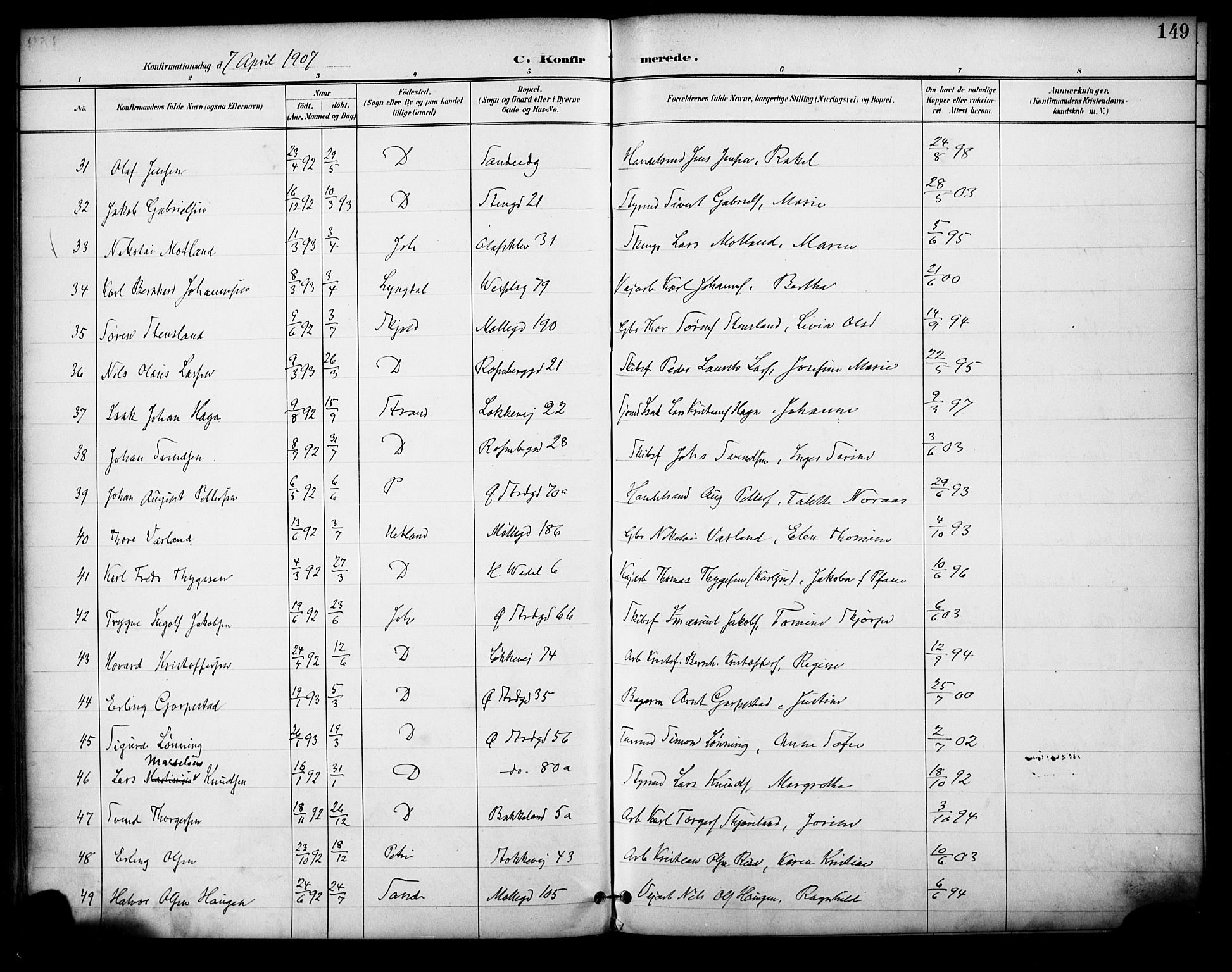 Domkirken sokneprestkontor, SAST/A-101812/001/30/30BA/L0031: Parish register (official) no. A 30, 1896-1916, p. 149