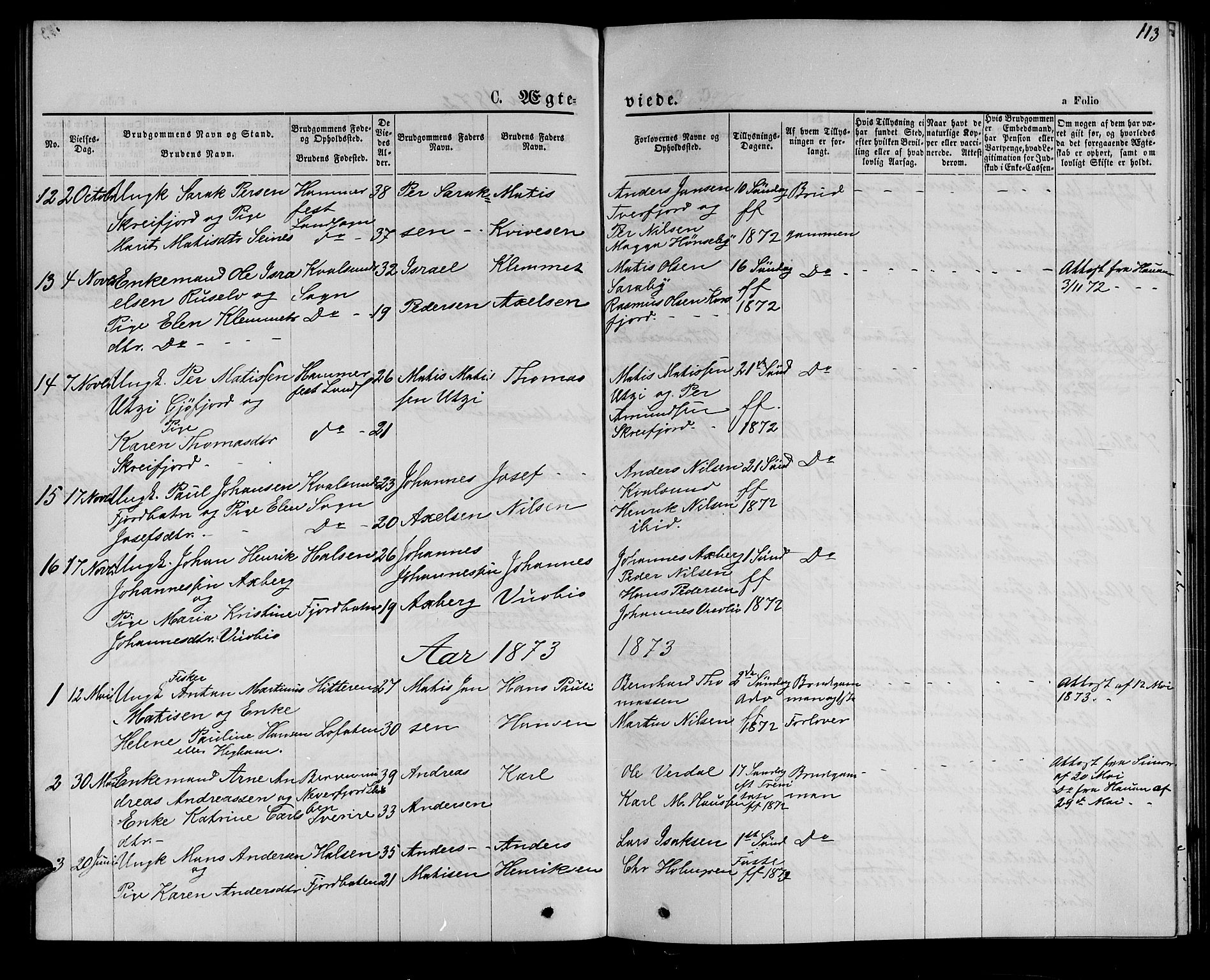 Hammerfest sokneprestkontor, SATØ/S-1347/H/Hb/L0005.klokk: Parish register (copy) no. 5, 1869-1884, p. 113