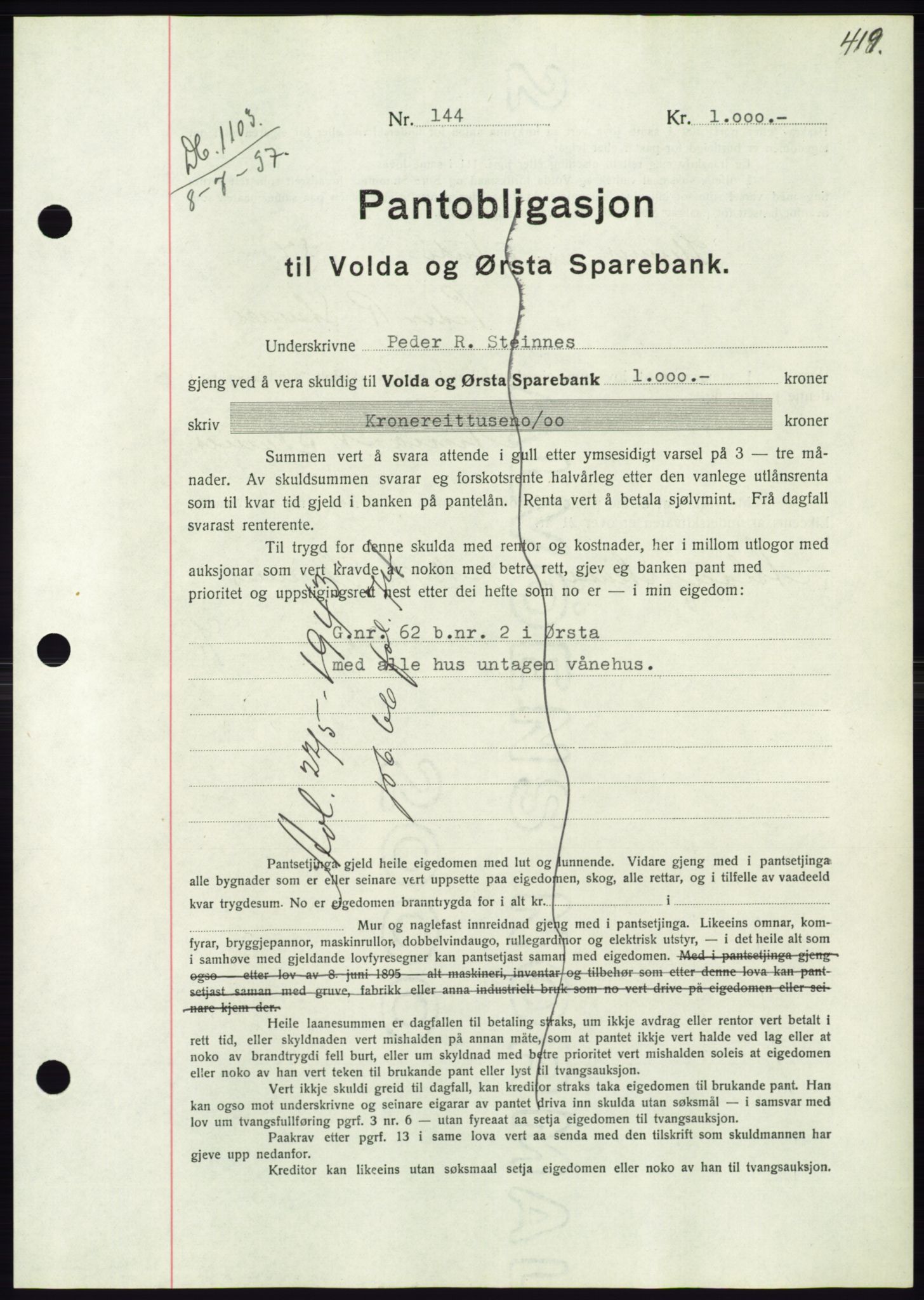 Søre Sunnmøre sorenskriveri, AV/SAT-A-4122/1/2/2C/L0063: Mortgage book no. 57, 1937-1937, Diary no: : 1103/1937