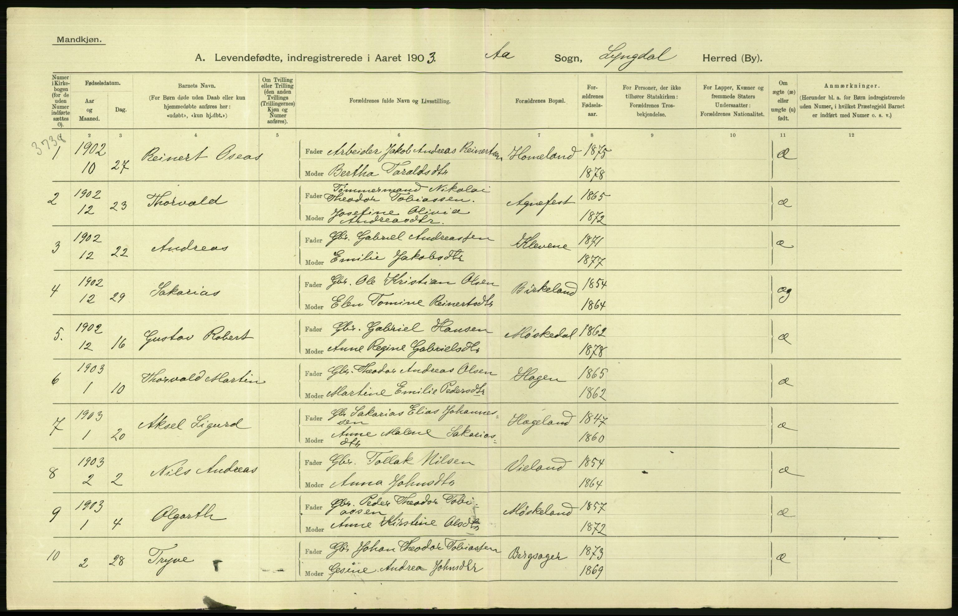 Statistisk sentralbyrå, Sosiodemografiske emner, Befolkning, AV/RA-S-2228/D/Df/Dfa/Dfaa/L0011: Lister og Mandal amt: Fødte, gifte, døde, 1903, p. 68