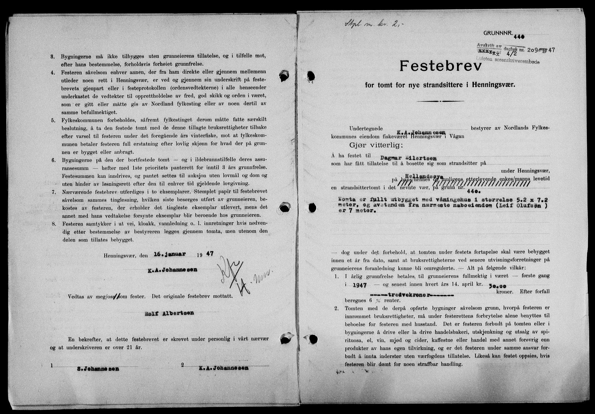 Lofoten sorenskriveri, SAT/A-0017/1/2/2C/L0015a: Mortgage book no. 15a, 1946-1947, Diary no: : 209/1947