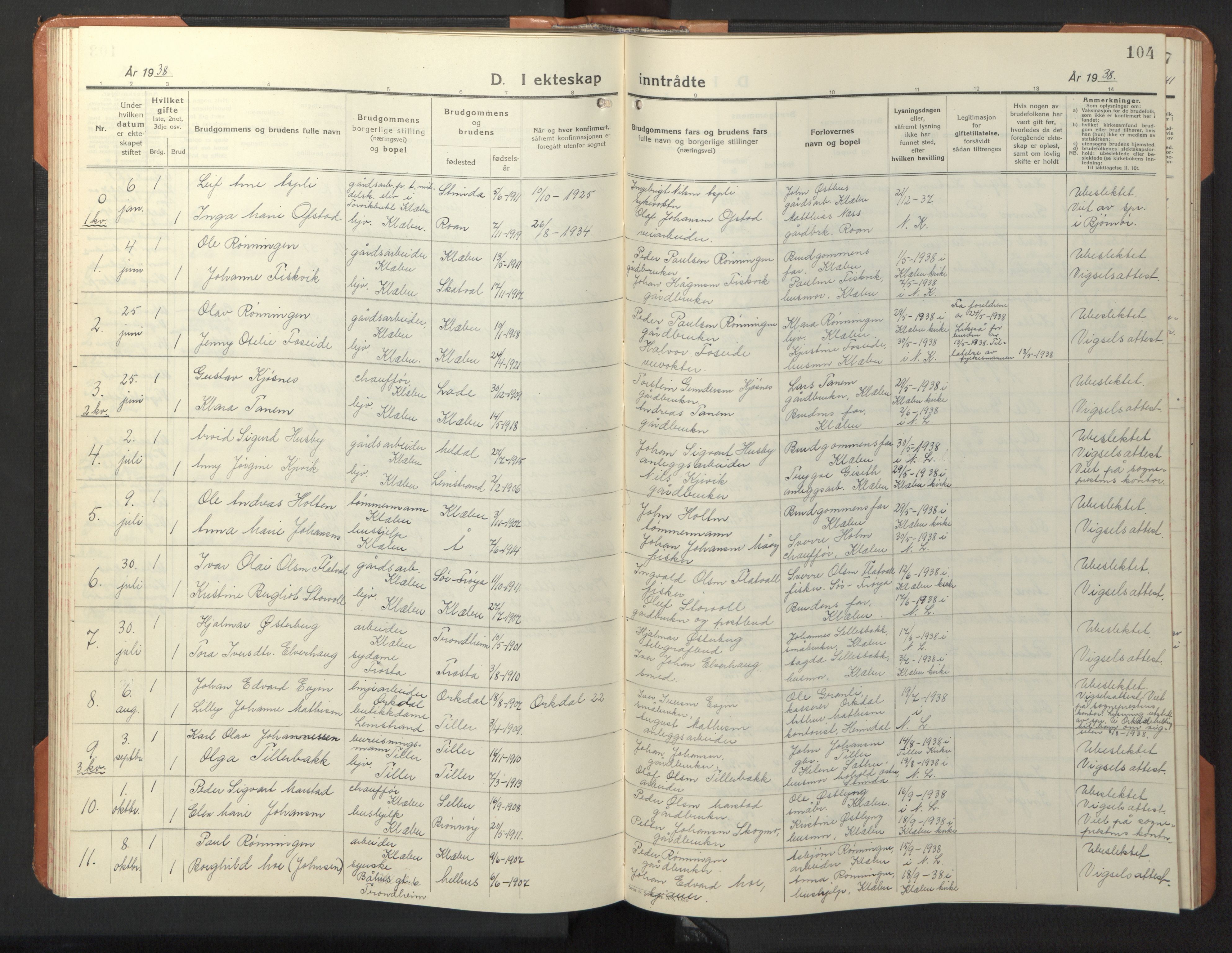 Ministerialprotokoller, klokkerbøker og fødselsregistre - Sør-Trøndelag, SAT/A-1456/618/L0454: Parish register (copy) no. 618C05, 1926-1946, p. 104