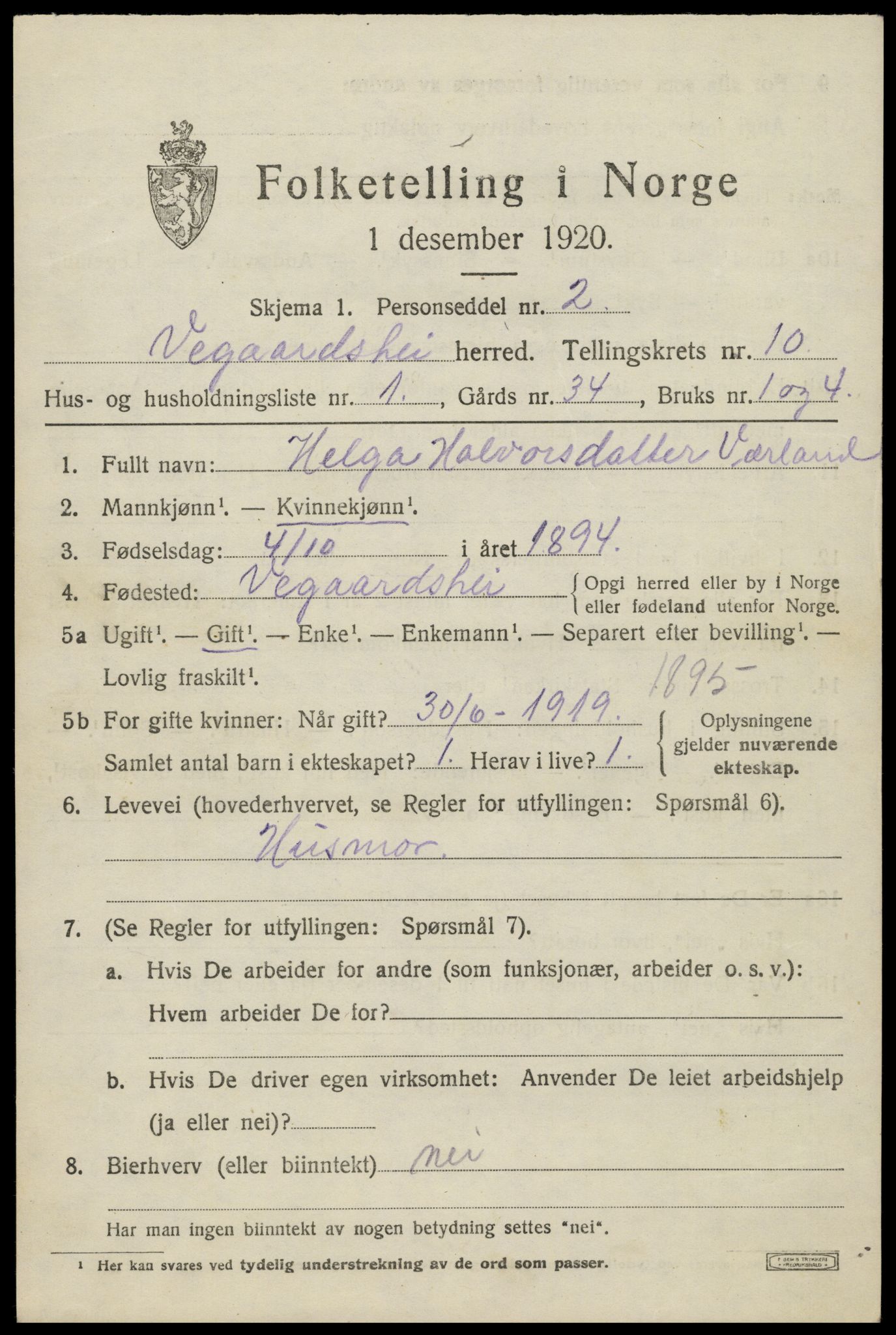 SAK, 1920 census for Vegårshei, 1920, p. 3280