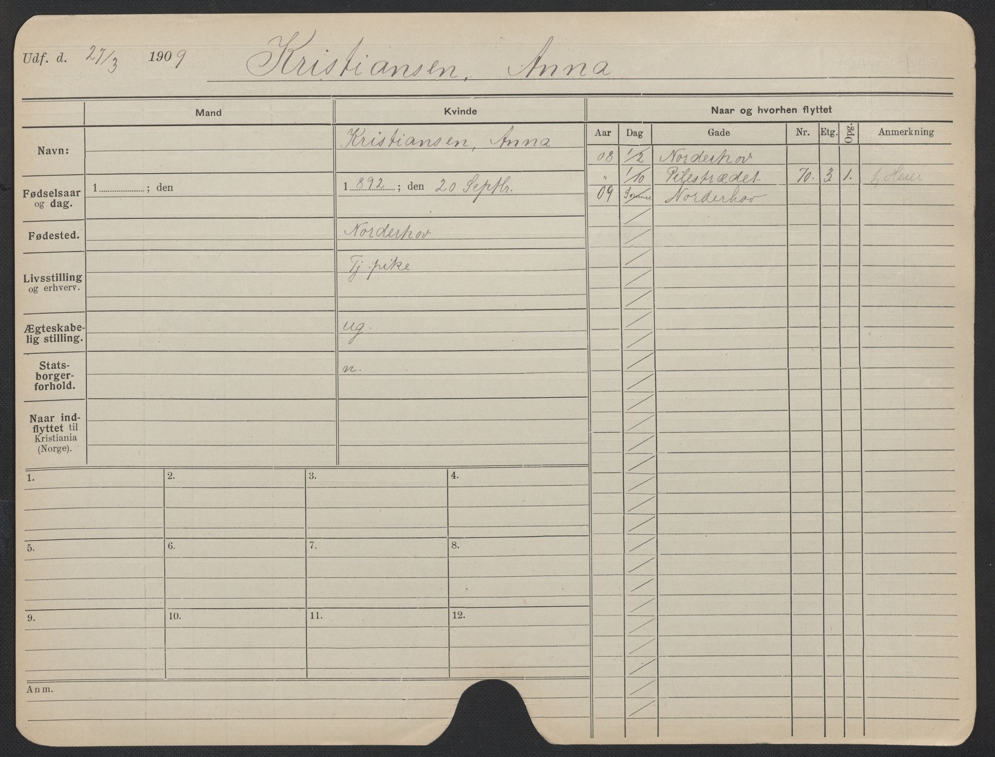 Oslo folkeregister, Registerkort, AV/SAO-A-11715/F/Fa/Fac/L0019: Kvinner, 1906-1914, p. 223a