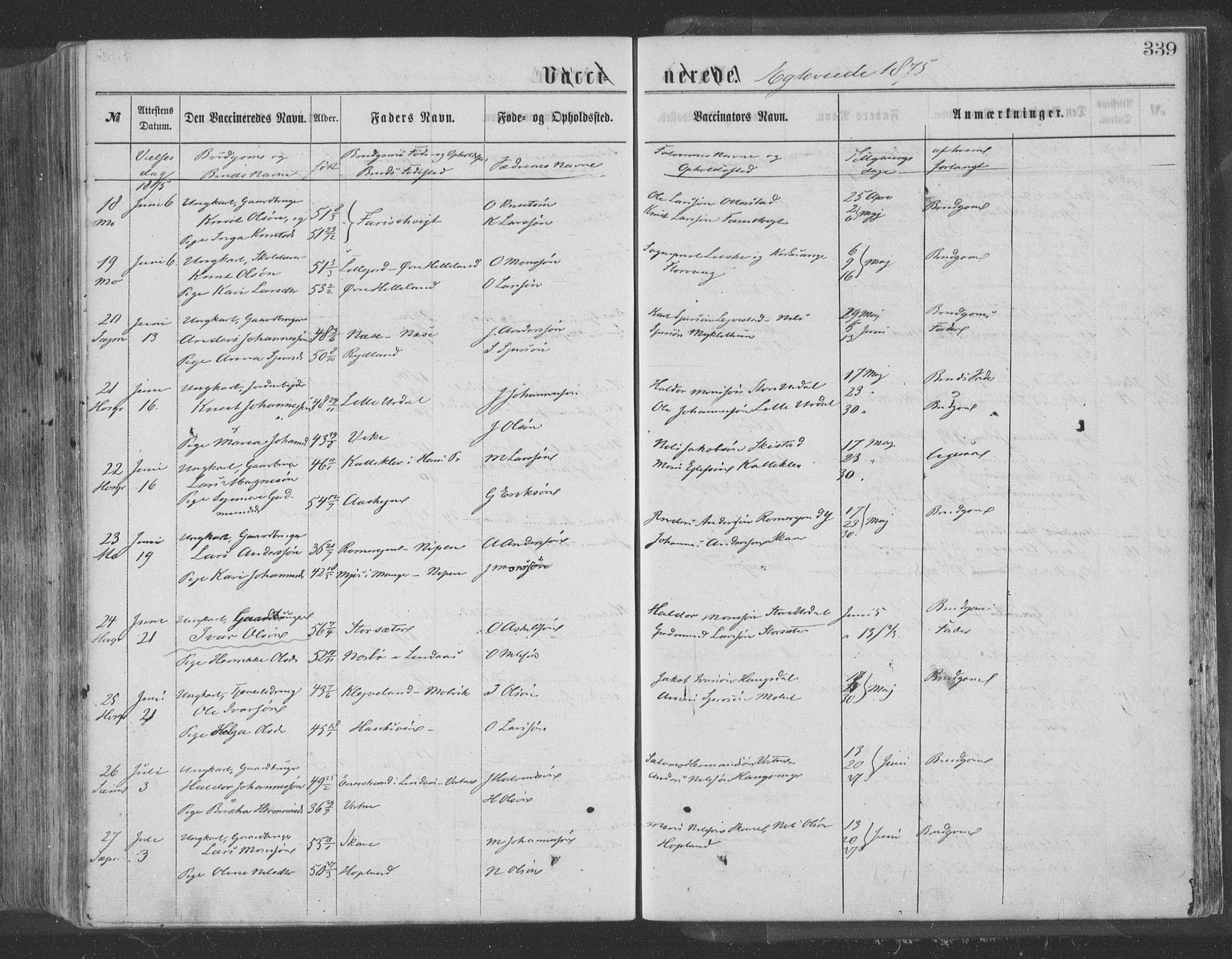 Hosanger sokneprestembete, AV/SAB-A-75801/H/Haa: Parish register (official) no. A 9, 1864-1876, p. 339