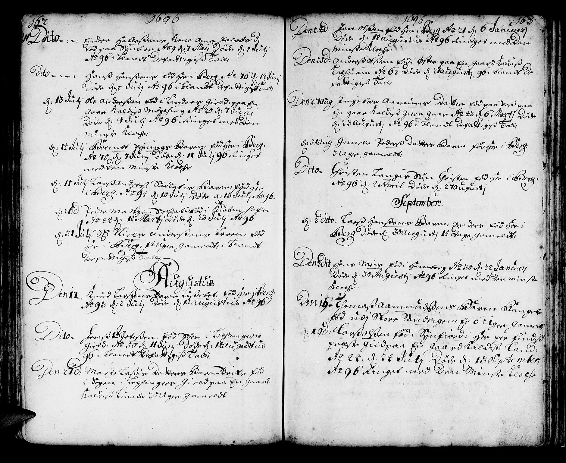 Korskirken sokneprestembete, AV/SAB-A-76101/H/Haa/L0010: Parish register (official) no. A 10, 1688-1703, p. 162-163