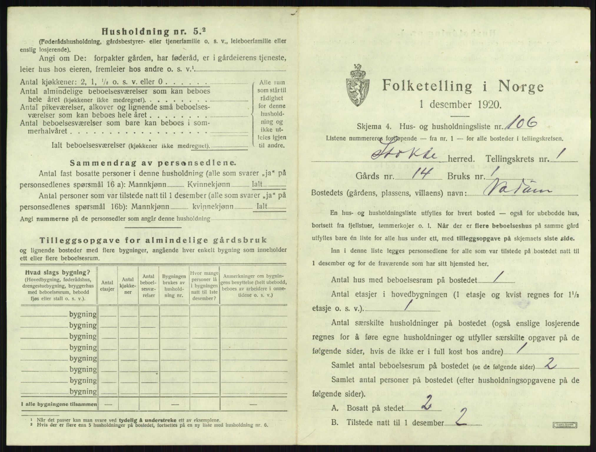 SAKO, 1920 census for Stokke, 1920, p. 261