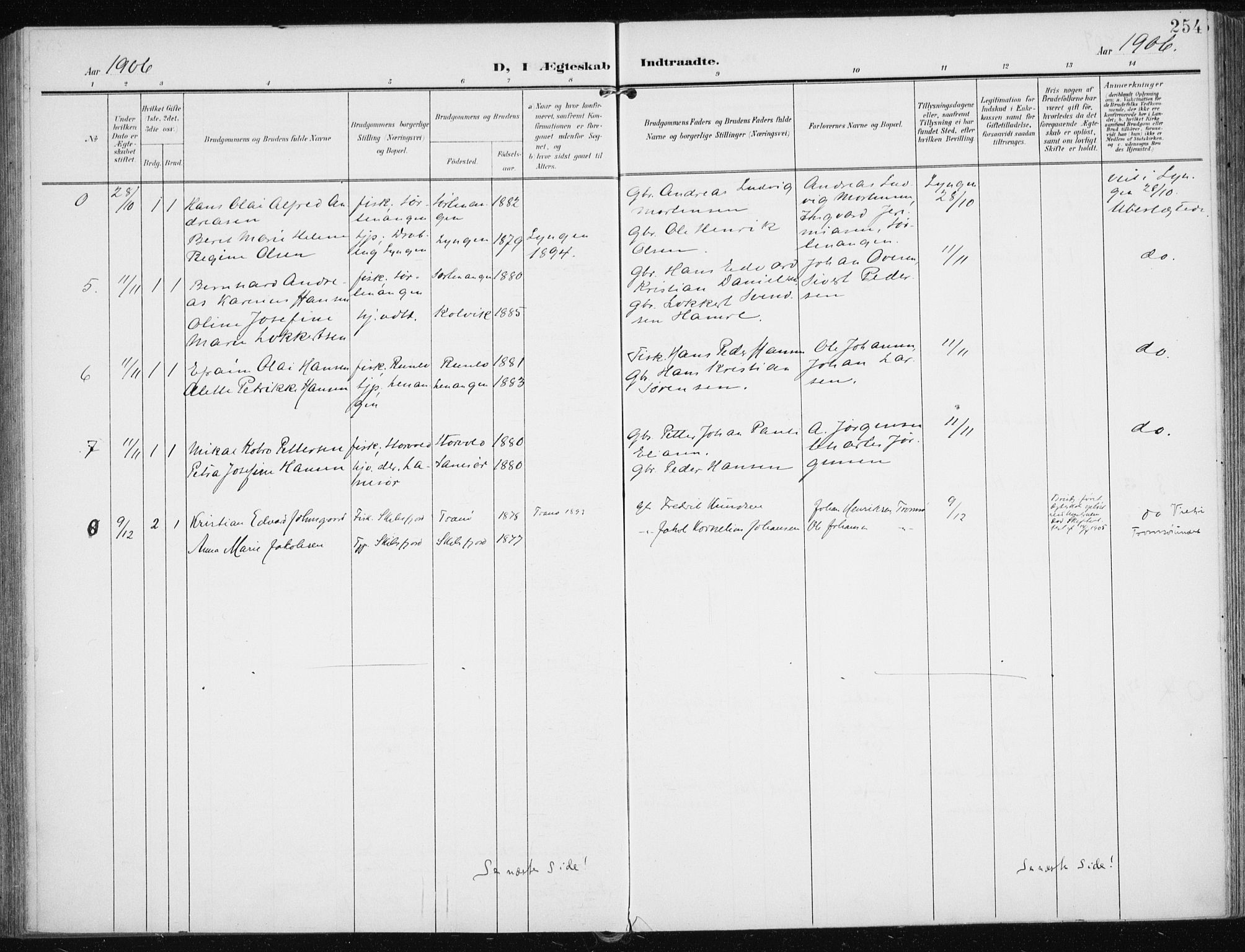 Karlsøy sokneprestembete, AV/SATØ-S-1299/H/Ha/Haa/L0014kirke: Parish register (official) no. 14, 1903-1917, p. 254