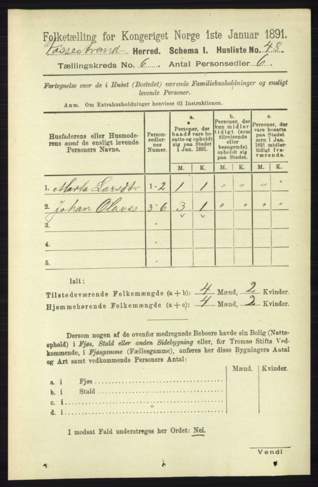 RA, 1891 census for 1236 Vossestrand, 1891, p. 2170