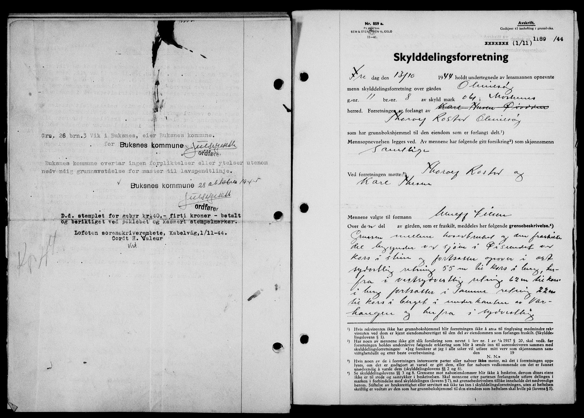 Lofoten sorenskriveri, SAT/A-0017/1/2/2C/L0012a: Mortgage book no. 12a, 1943-1944, Diary no: : 1189/1944