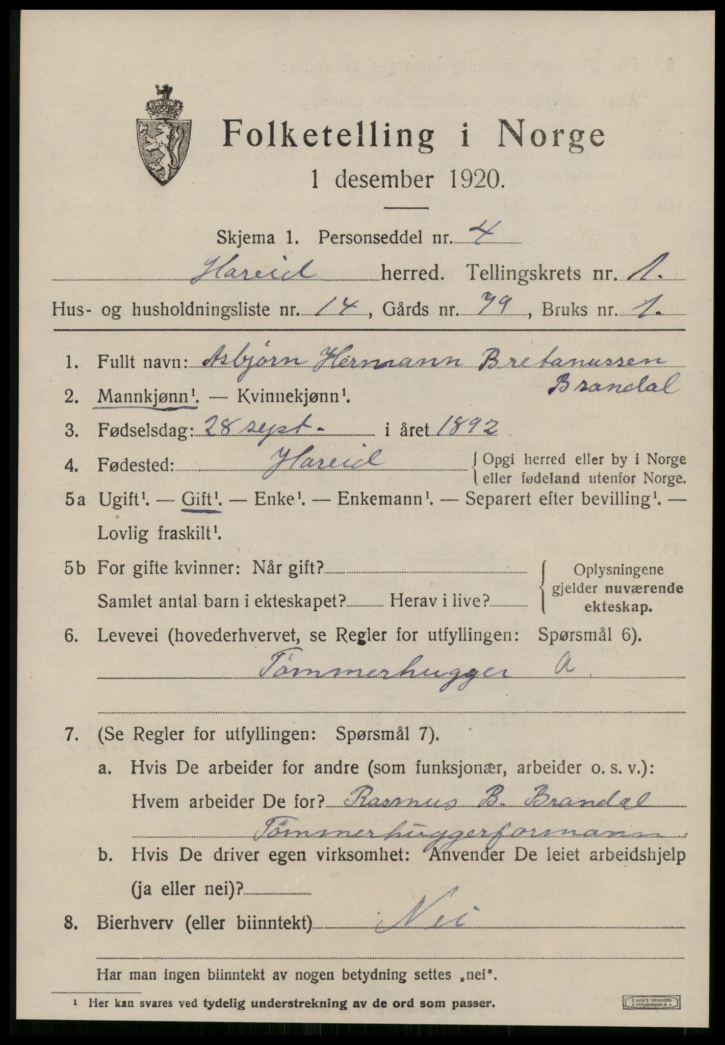 SAT, 1920 census for Hareid, 1920, p. 931