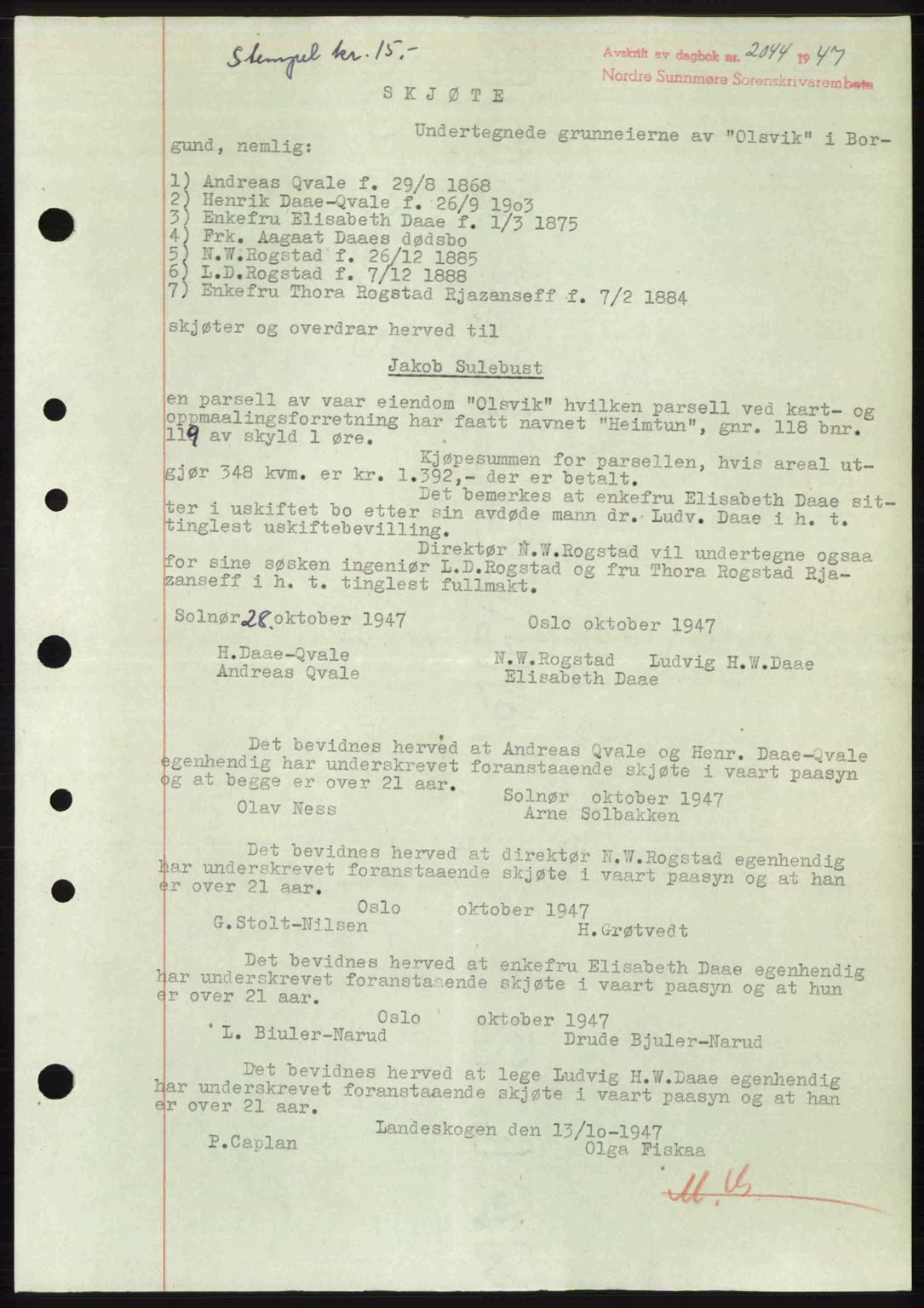 Nordre Sunnmøre sorenskriveri, AV/SAT-A-0006/1/2/2C/2Ca: Mortgage book no. A26, 1947-1948, Diary no: : 2044/1947