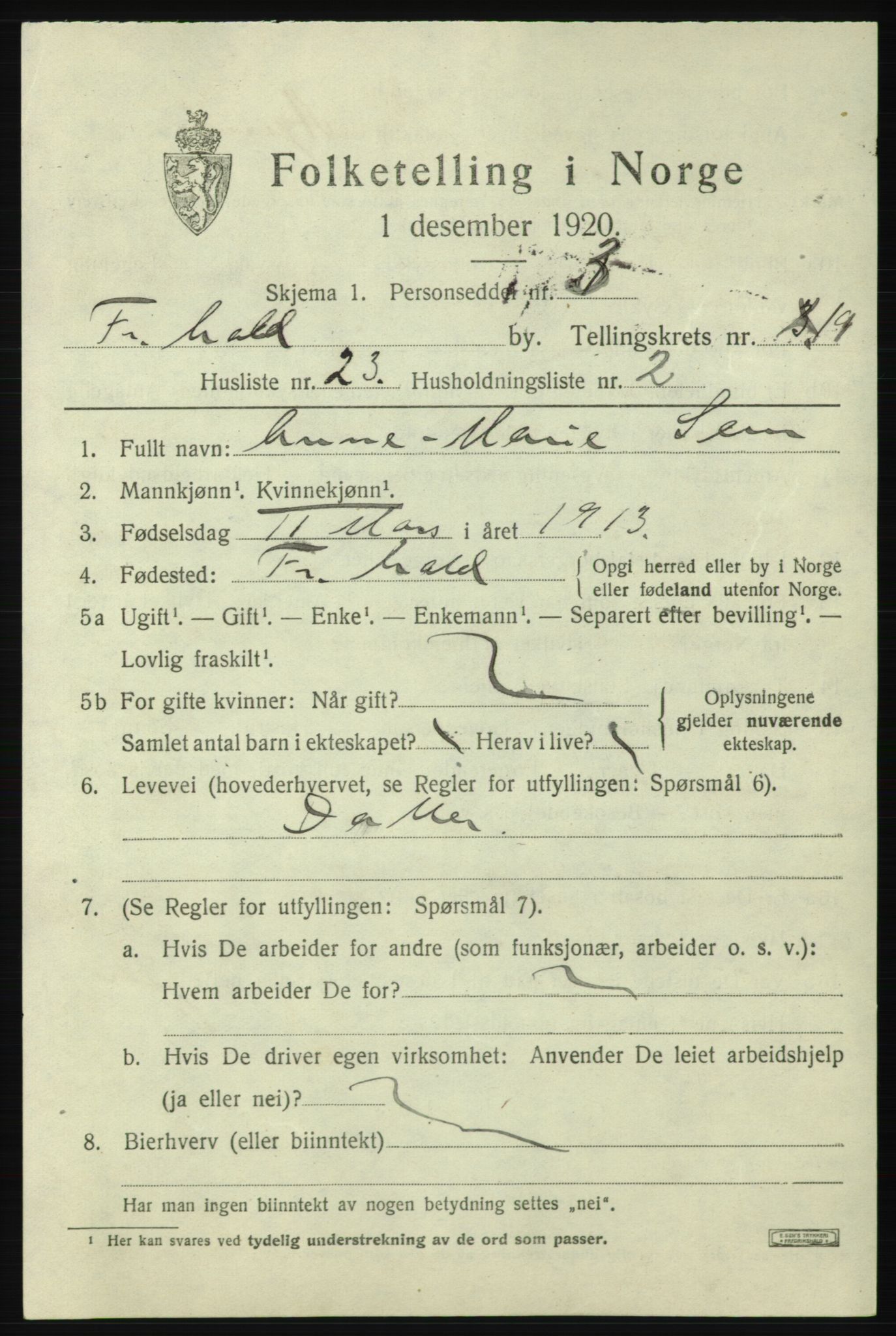 SAO, 1920 census for Fredrikshald, 1920, p. 28752