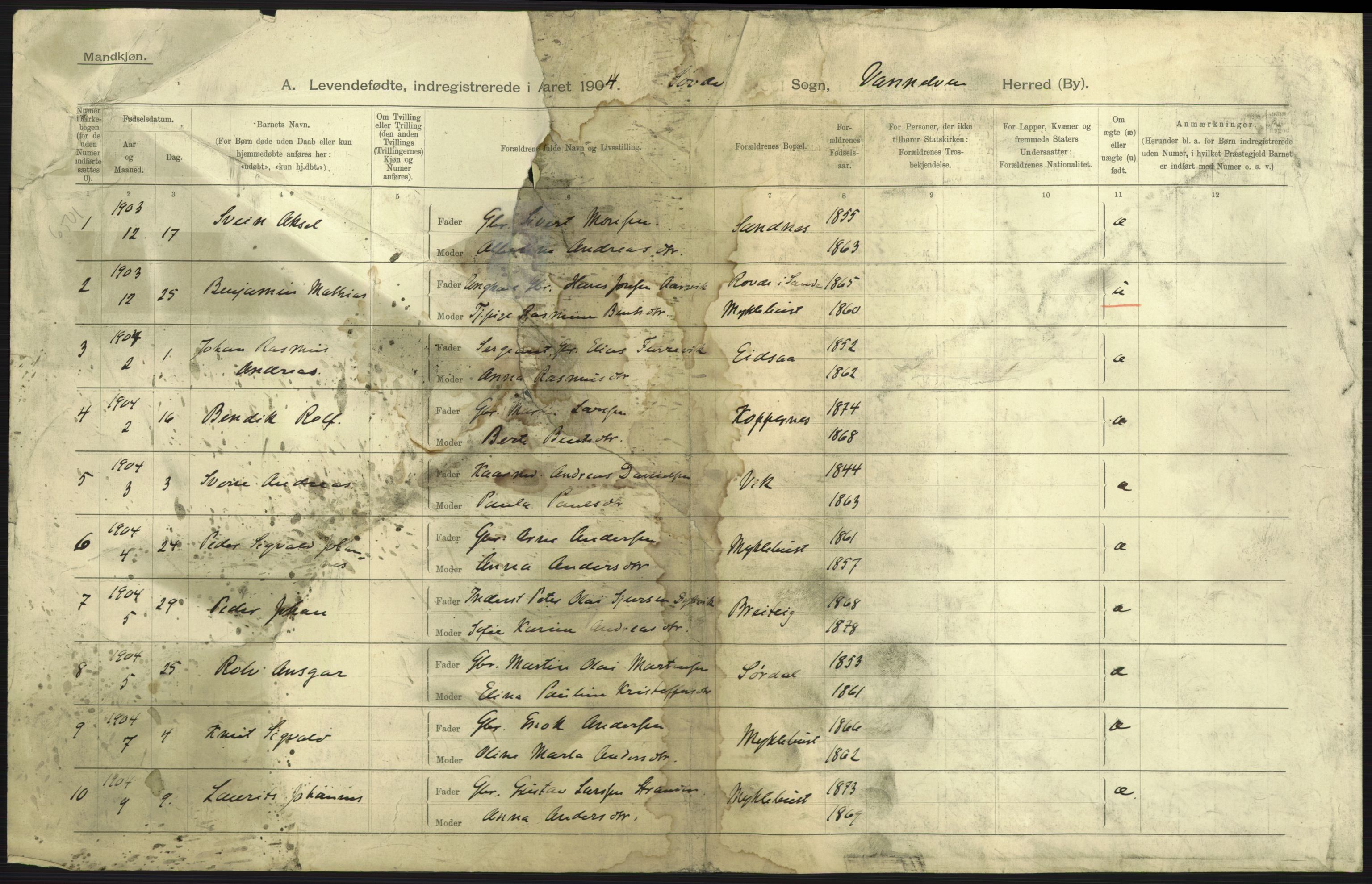 Statistisk sentralbyrå, Sosiodemografiske emner, Befolkning, AV/RA-S-2228/D/Df/Dfa/Dfab/L0016: Romsdals amt: Fødte, gifte, døde., 1904, p. 5