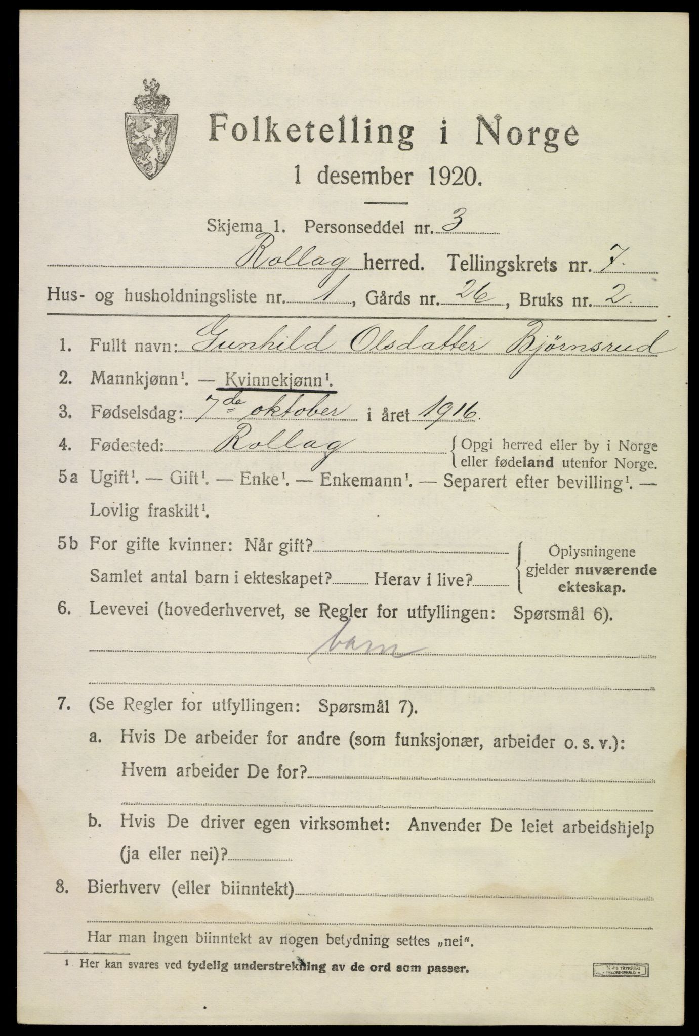 SAKO, 1920 census for Rollag, 1920, p. 2496