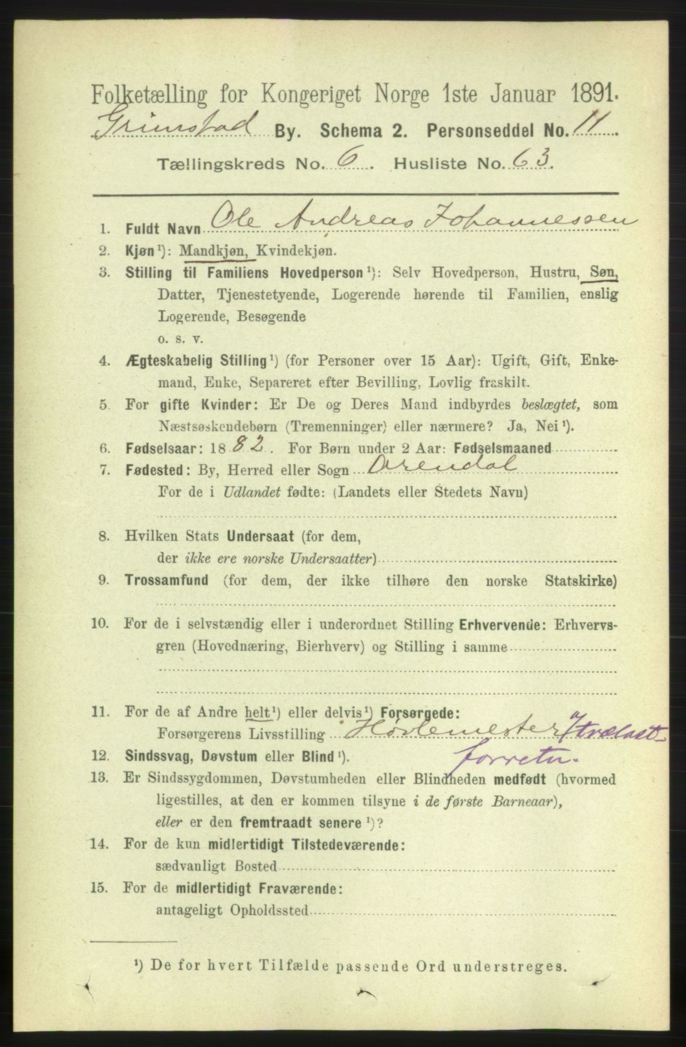 RA, 1891 census for 0904 Grimstad, 1891, p. 4156