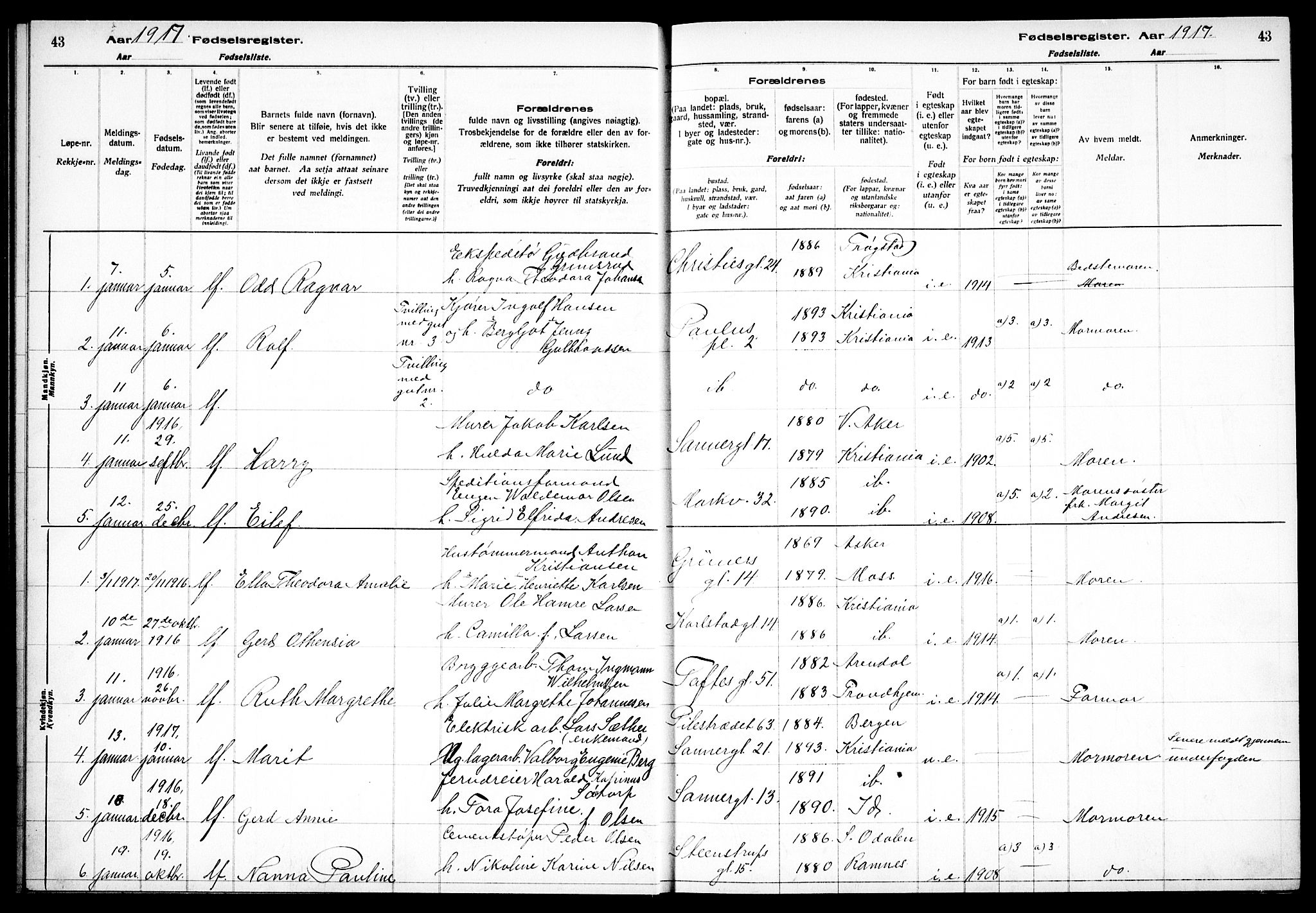 Paulus prestekontor Kirkebøker, SAO/A-10871/J/Ja/L0001: Birth register no. 1, 1916-1923, p. 43