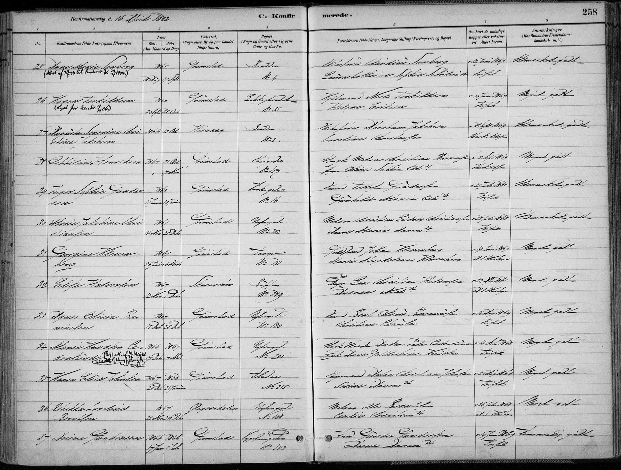 Grimstad sokneprestkontor, AV/SAK-1111-0017/F/Fa/L0003: Parish register (official) no. A 2, 1882-1912, p. 258