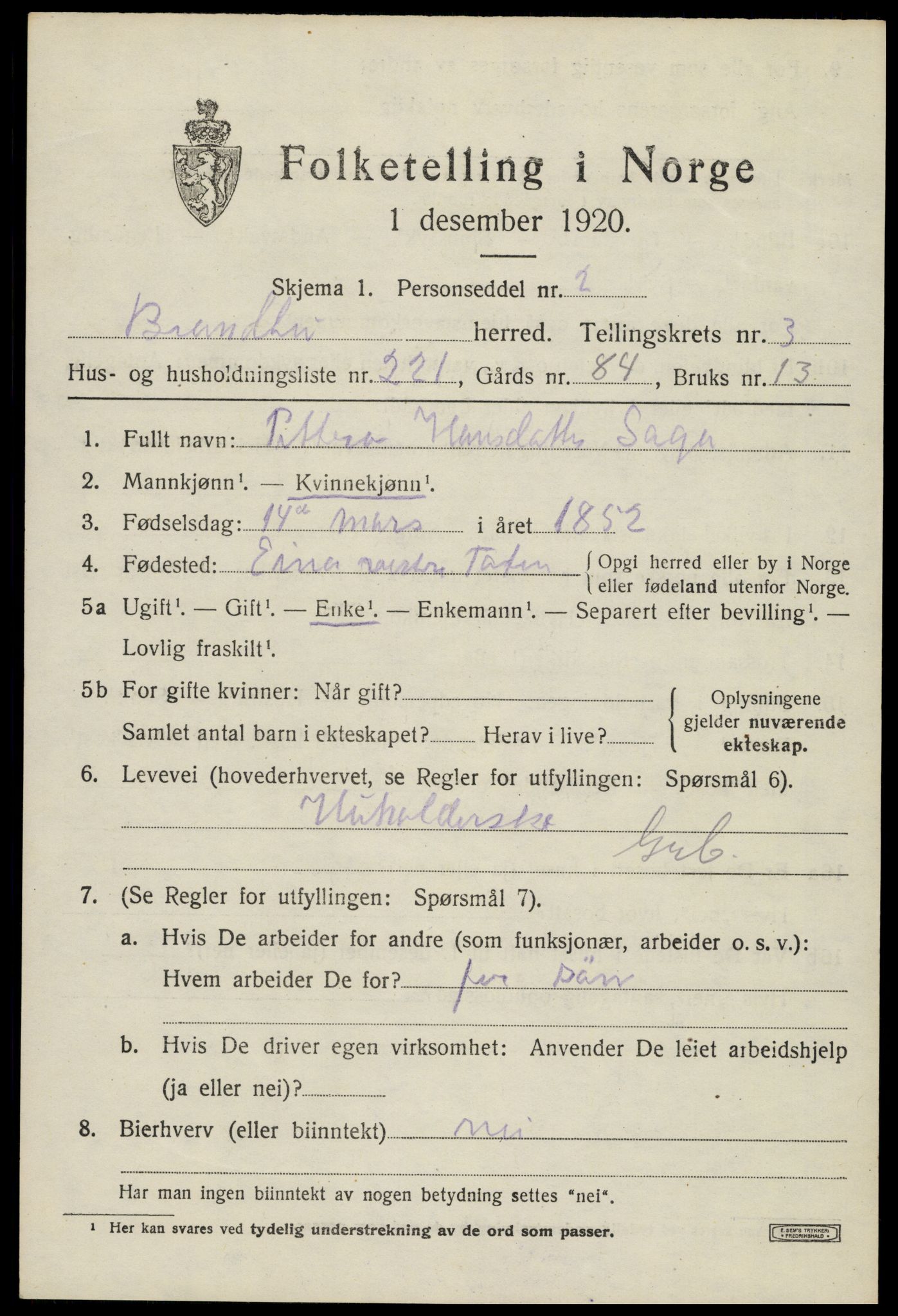 SAH, 1920 census for Brandbu, 1920, p. 10523