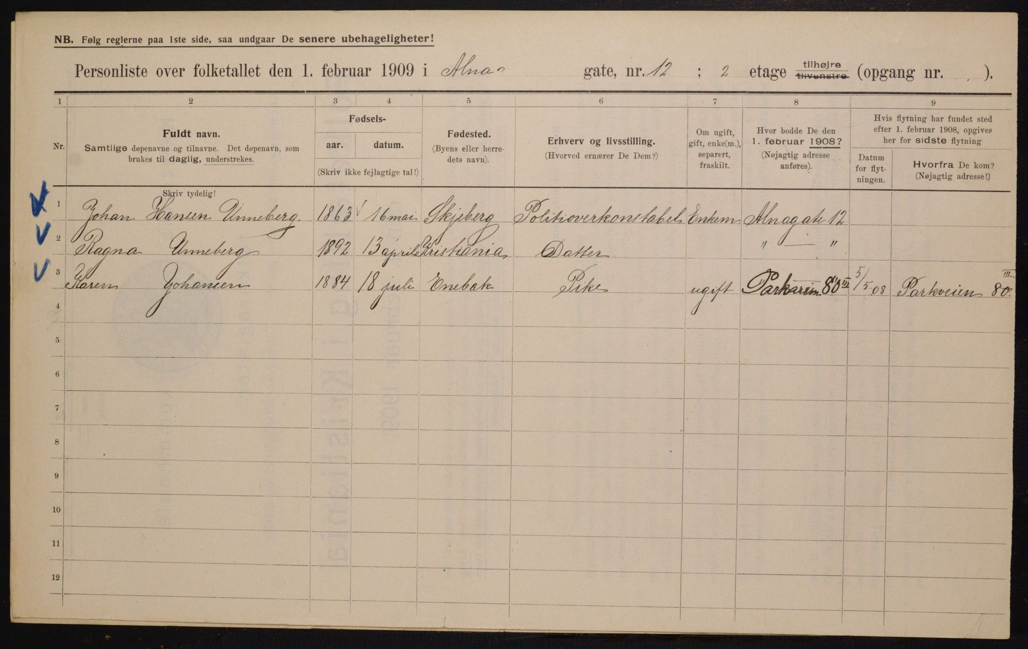 OBA, Municipal Census 1909 for Kristiania, 1909, p. 1195