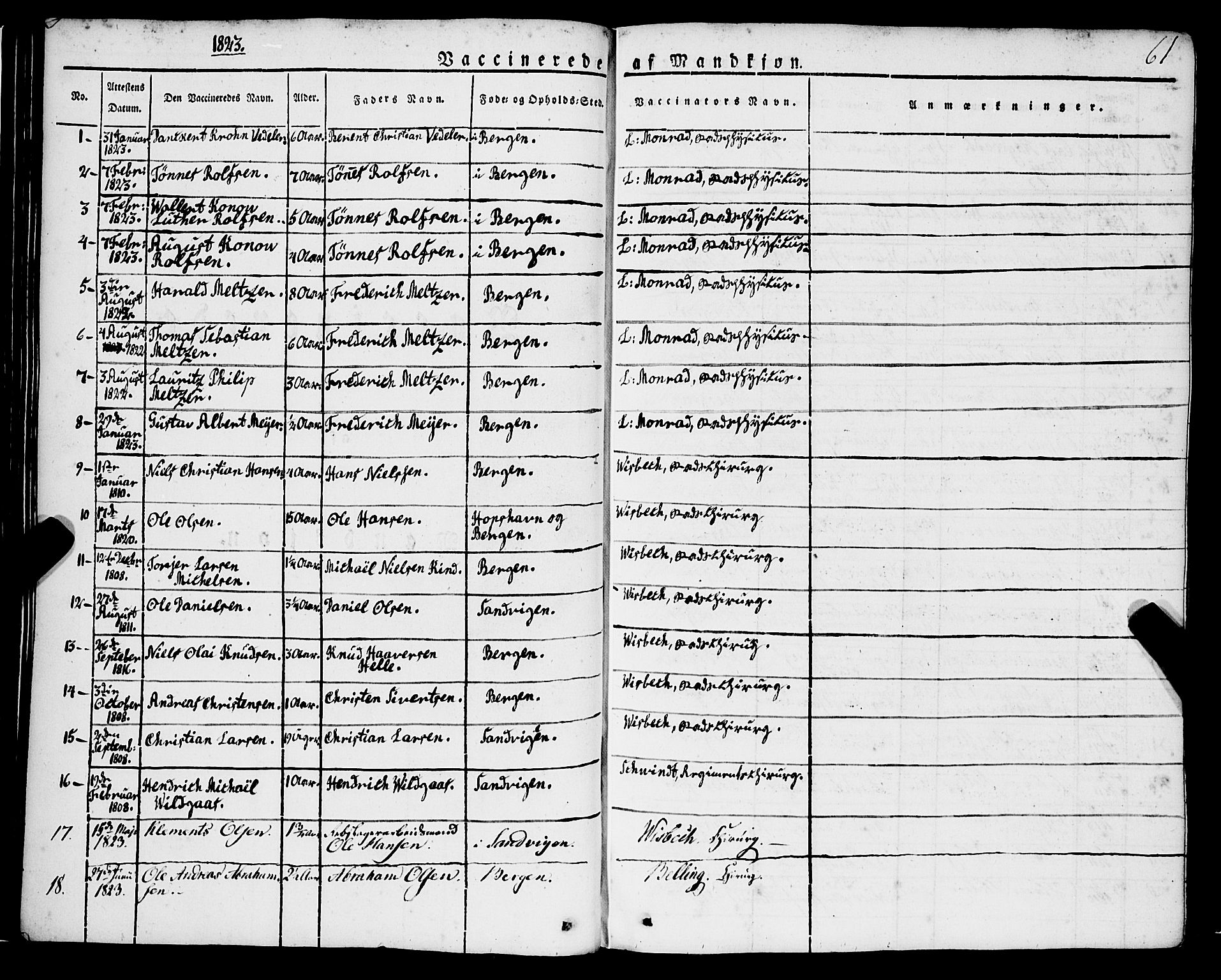 Korskirken sokneprestembete, SAB/A-76101/H/Haa/L0050: Parish register (official) no. F 1, 1821-1869, p. 61