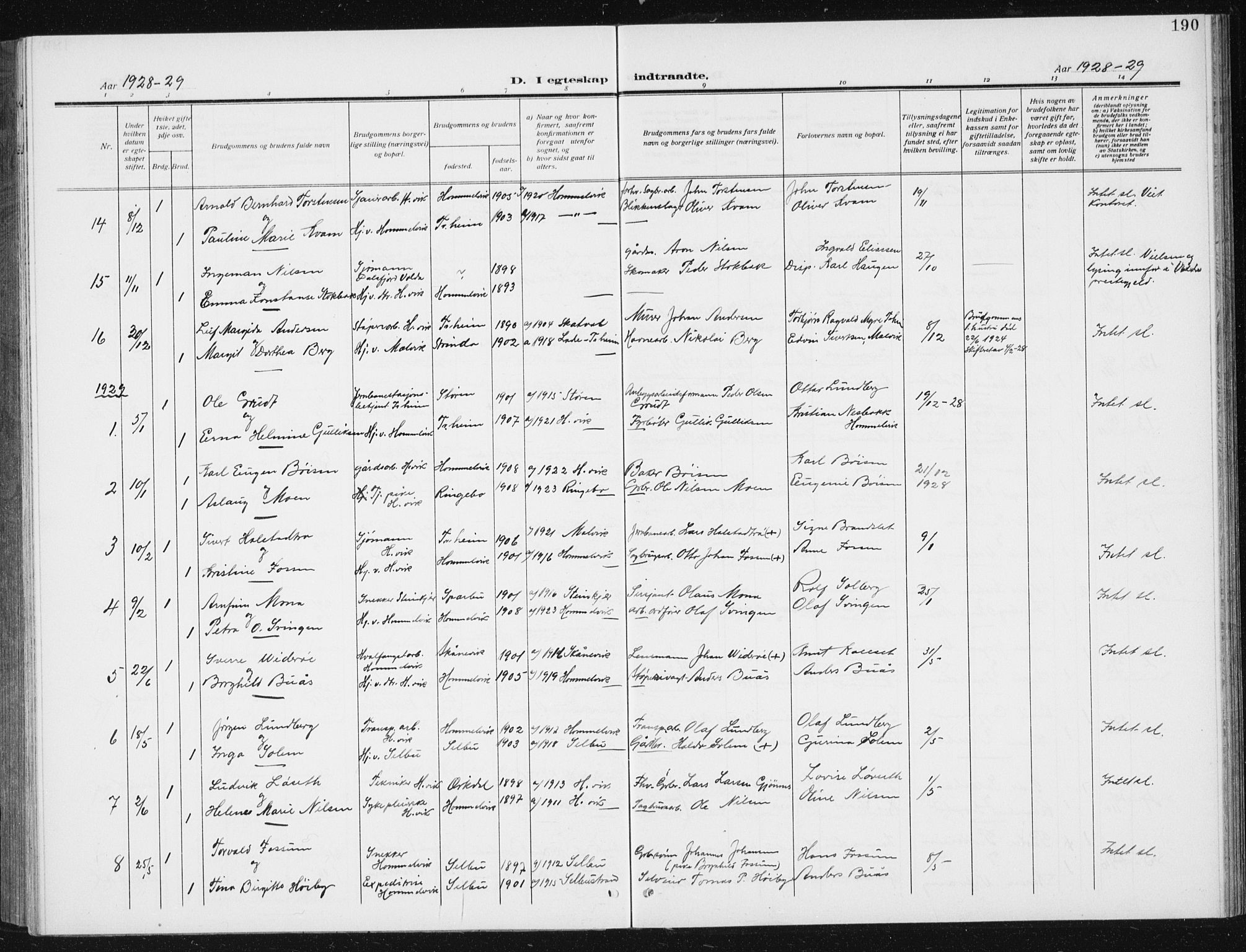 Ministerialprotokoller, klokkerbøker og fødselsregistre - Sør-Trøndelag, AV/SAT-A-1456/617/L0431: Parish register (copy) no. 617C02, 1910-1936, p. 190