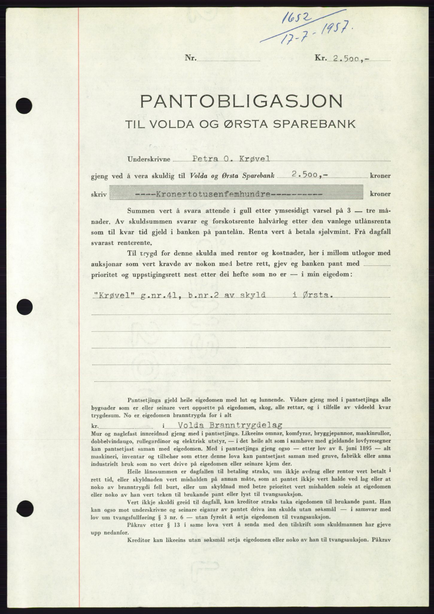 Søre Sunnmøre sorenskriveri, AV/SAT-A-4122/1/2/2C/L0130: Mortgage book no. 18B, 1957-1958, Diary no: : 1652/1957