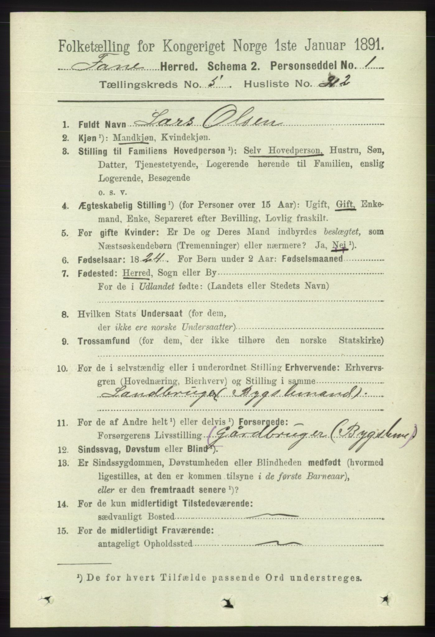 RA, 1891 census for 1249 Fana, 1891, p. 2058