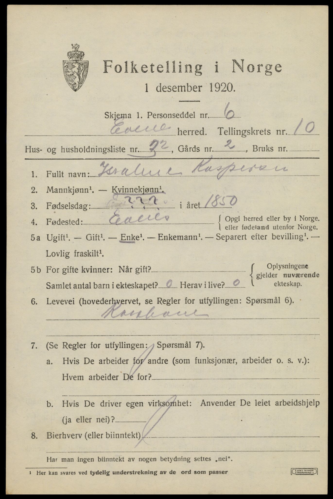 SAT, 1920 census for Evenes, 1920, p. 10438