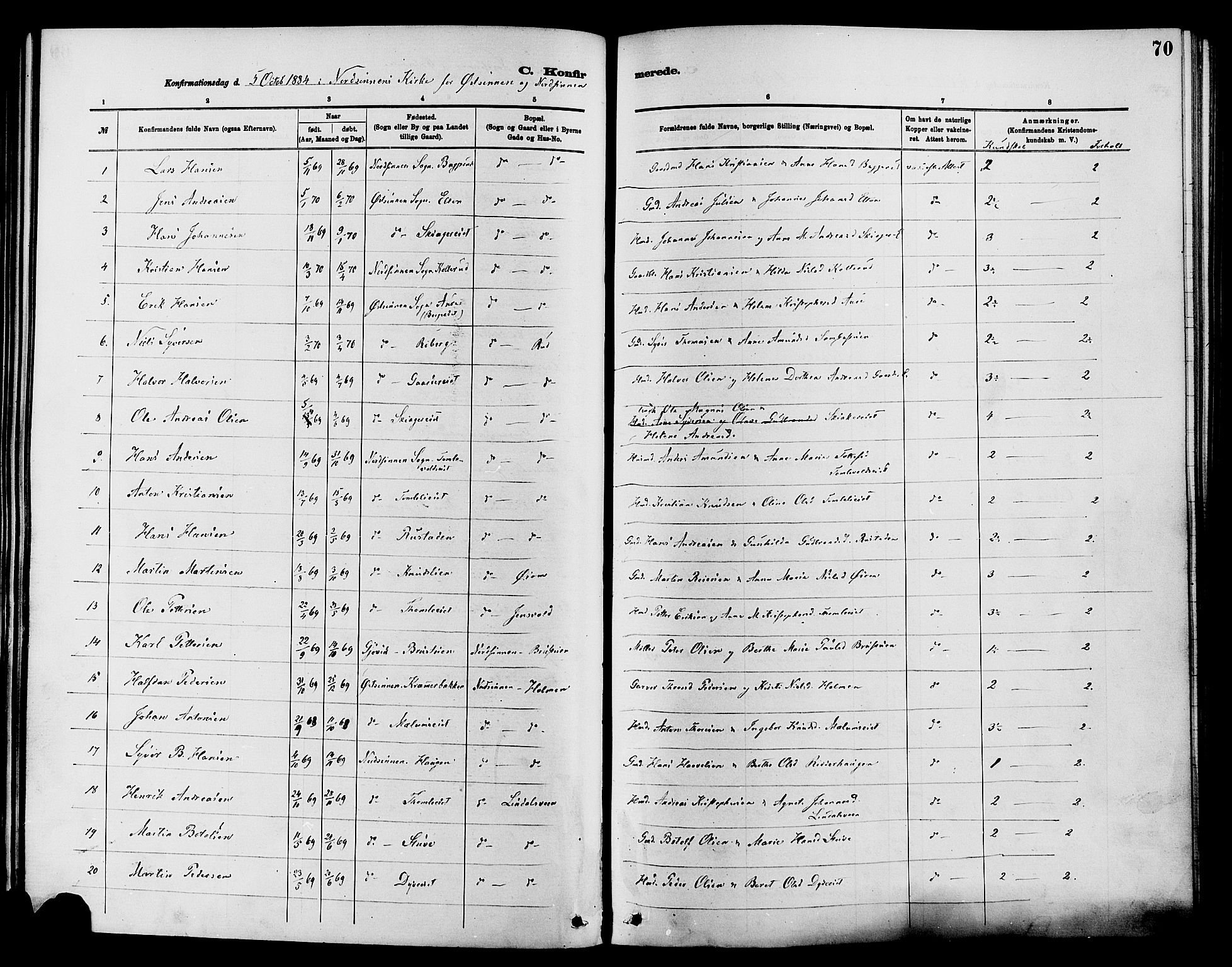 Nordre Land prestekontor, SAH/PREST-124/H/Ha/Haa/L0003: Parish register (official) no. 3, 1882-1896, p. 70