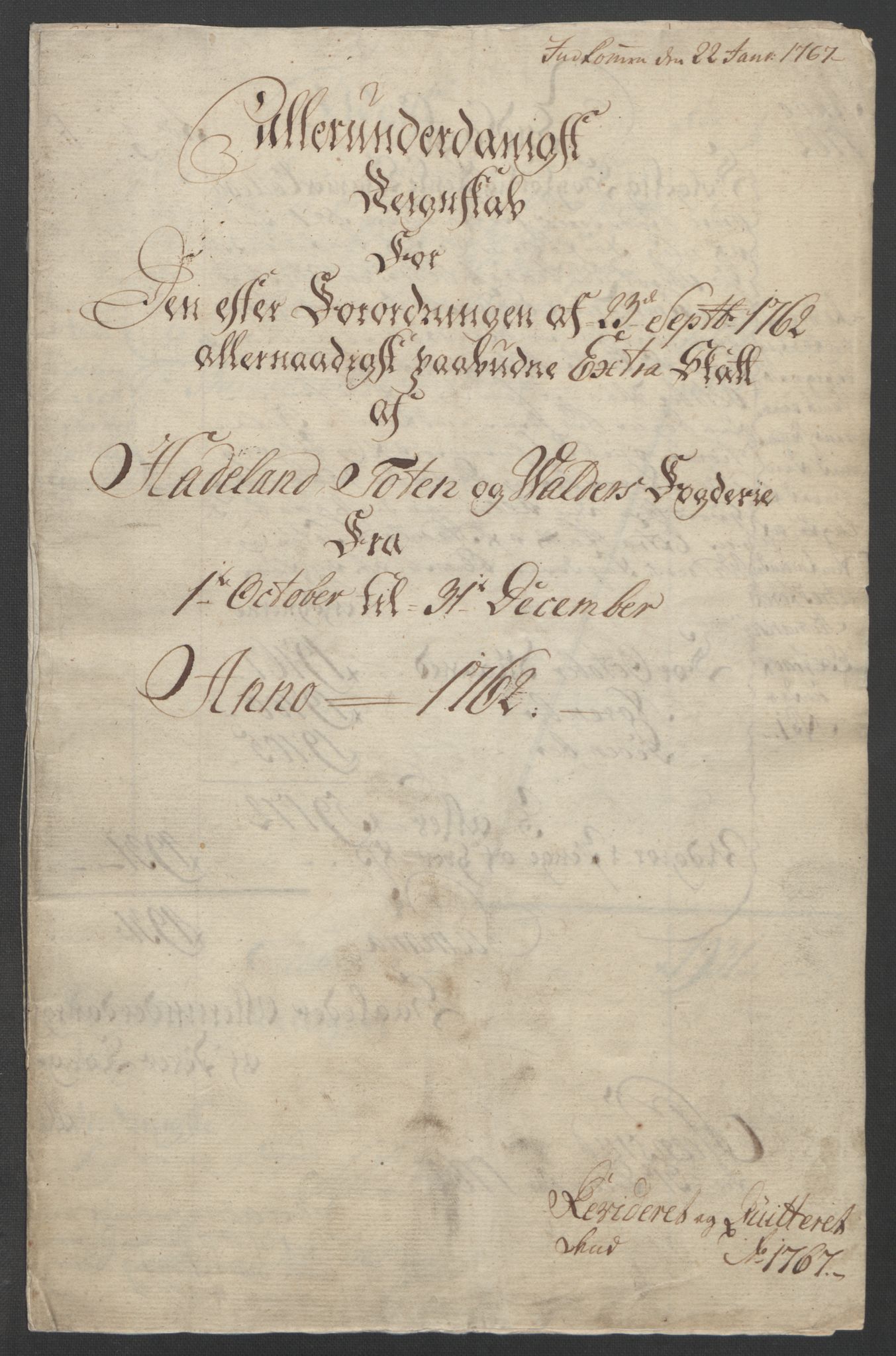 Rentekammeret inntil 1814, Reviderte regnskaper, Fogderegnskap, AV/RA-EA-4092/R19/L1399: Fogderegnskap Toten, Hadeland og Vardal, 1762-1783, p. 4