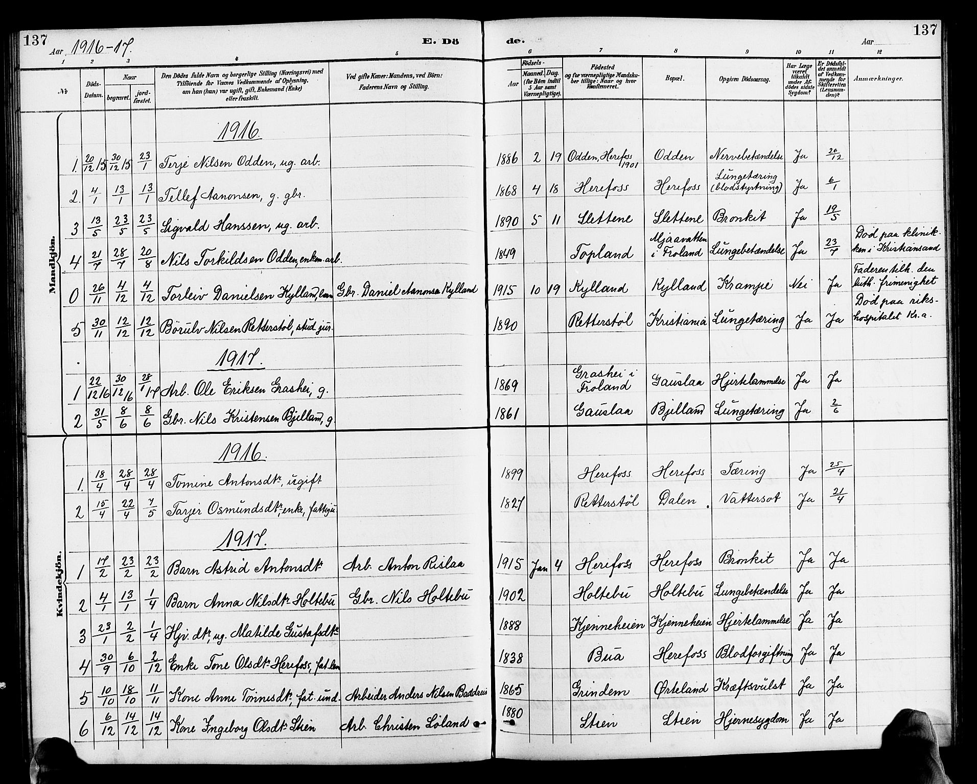 Herefoss sokneprestkontor, SAK/1111-0019/F/Fb/Fba/L0003: Parish register (copy) no. B 3, 1887-1925, p. 137