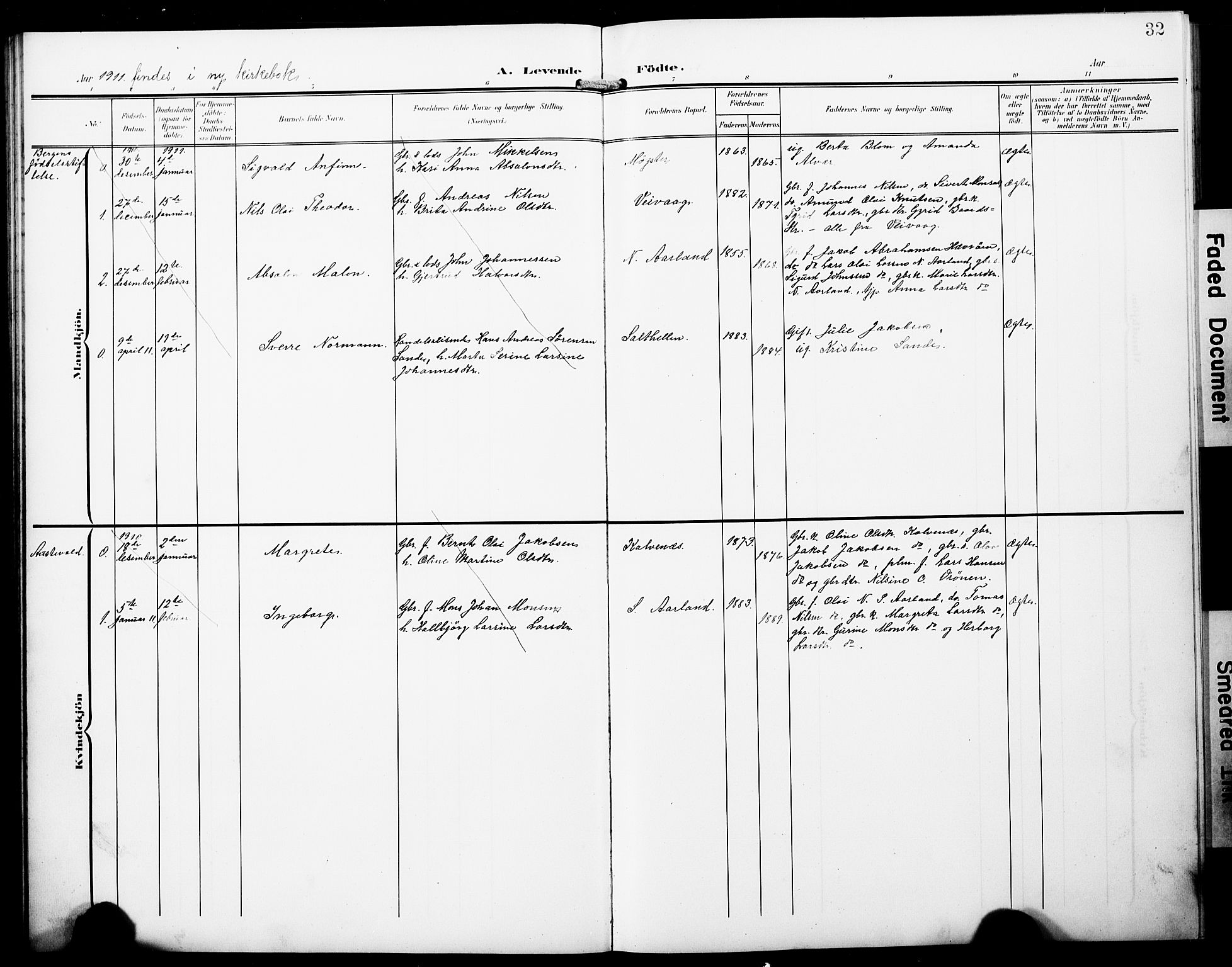 Austevoll Sokneprestembete, SAB/A-74201/H/Hab: Parish register (copy) no. B 5, 1902-1910, p. 32