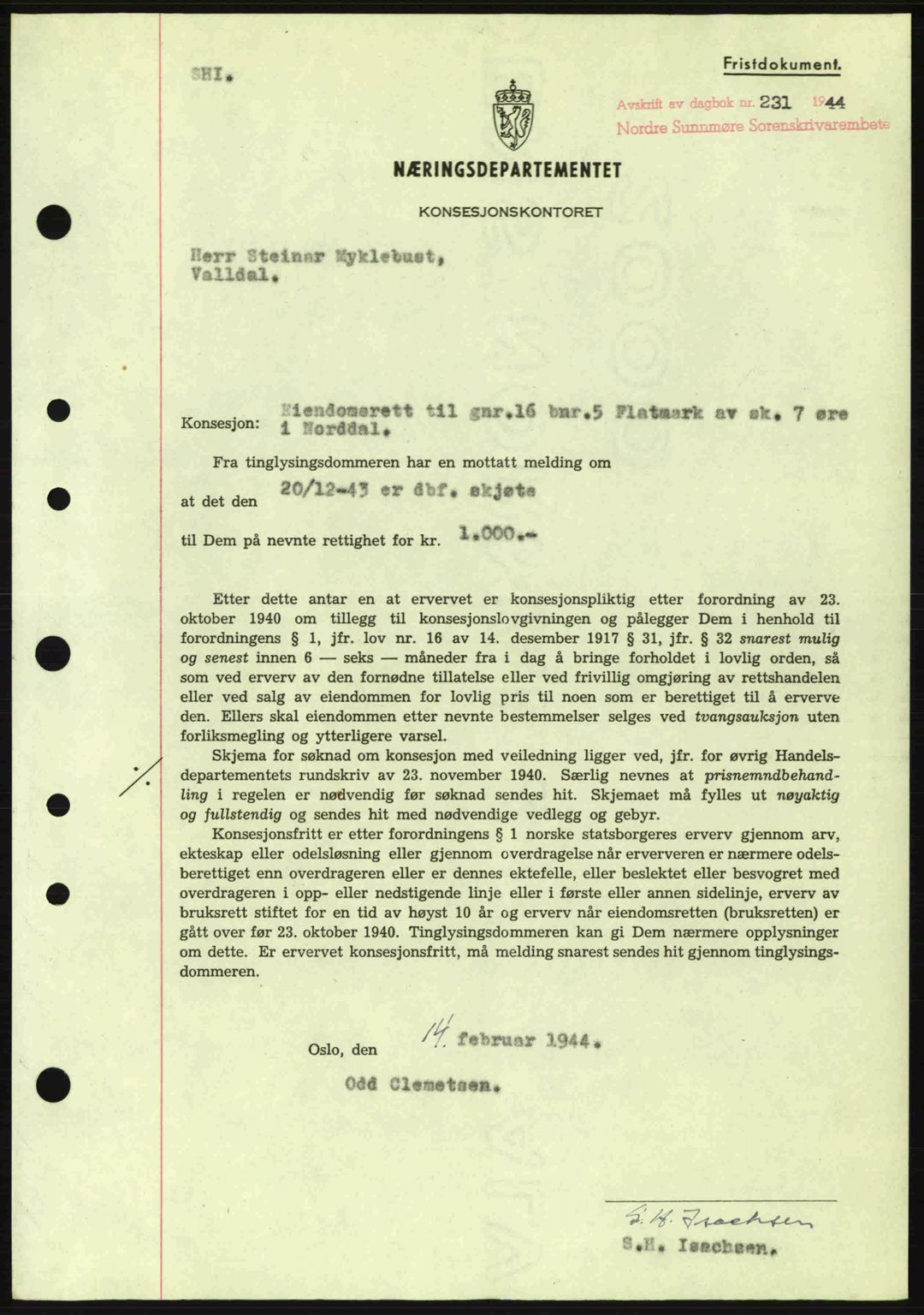 Nordre Sunnmøre sorenskriveri, SAT/A-0006/1/2/2C/2Ca: Mortgage book no. B6-14 a, 1942-1945, Diary no: : 231/1944